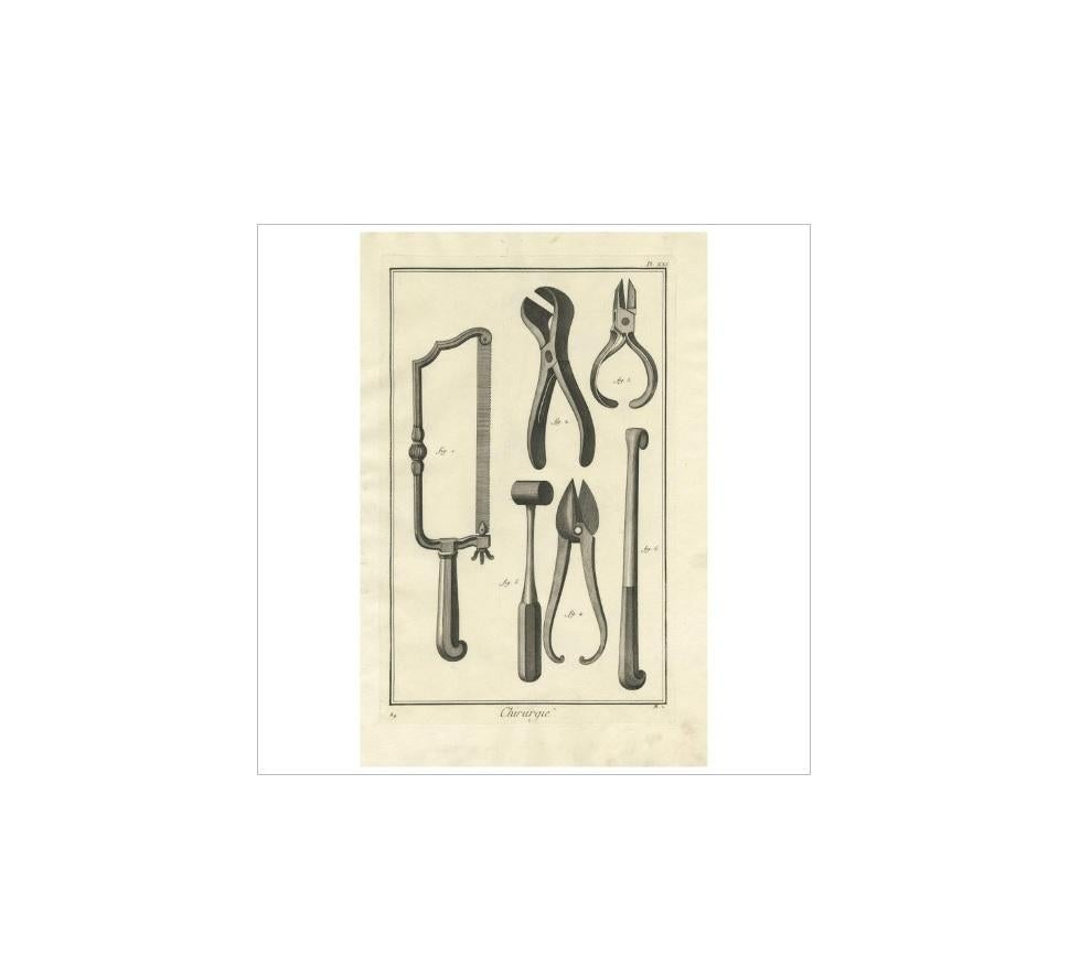 Plate XXI : 'Chirurgie'. (Surgery.) This plate shows surgical instruments, pincers, saw. This print originates from 'Encyclopédie (..)' by D. Diderot. Published, circa 1760.