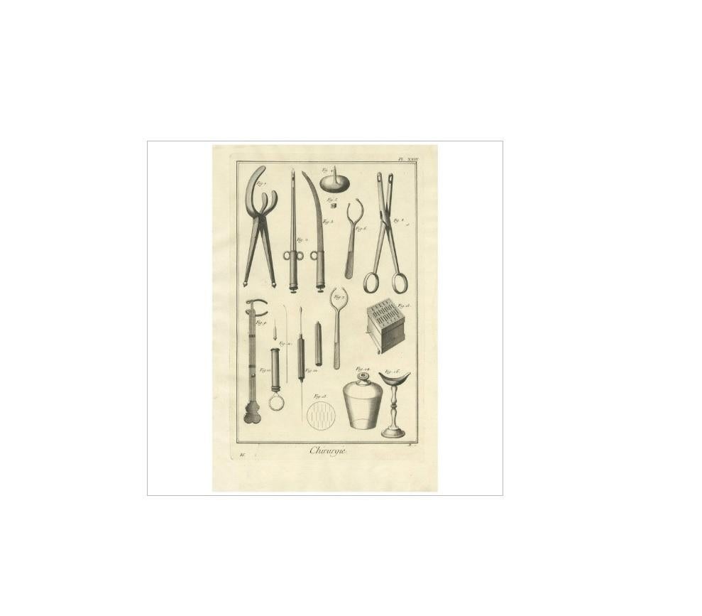 Plate XXIII: 'Chirurgie'. (Surgery.) This plate shows surgical instruments / medical devices like a syringe, tweezer. This print originates from 'Encyclopédie (..)' by D. Diderot. Published circa 1760.