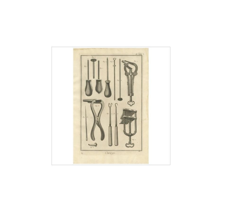 Plate XXVI: 'Chirurgie'. (Surgery.) This plate shows surgical instruments like a speculum, trocar, cannula. This print originates from 'Encyclopédie (..)' by D. Diderot. Published, circa 1760.