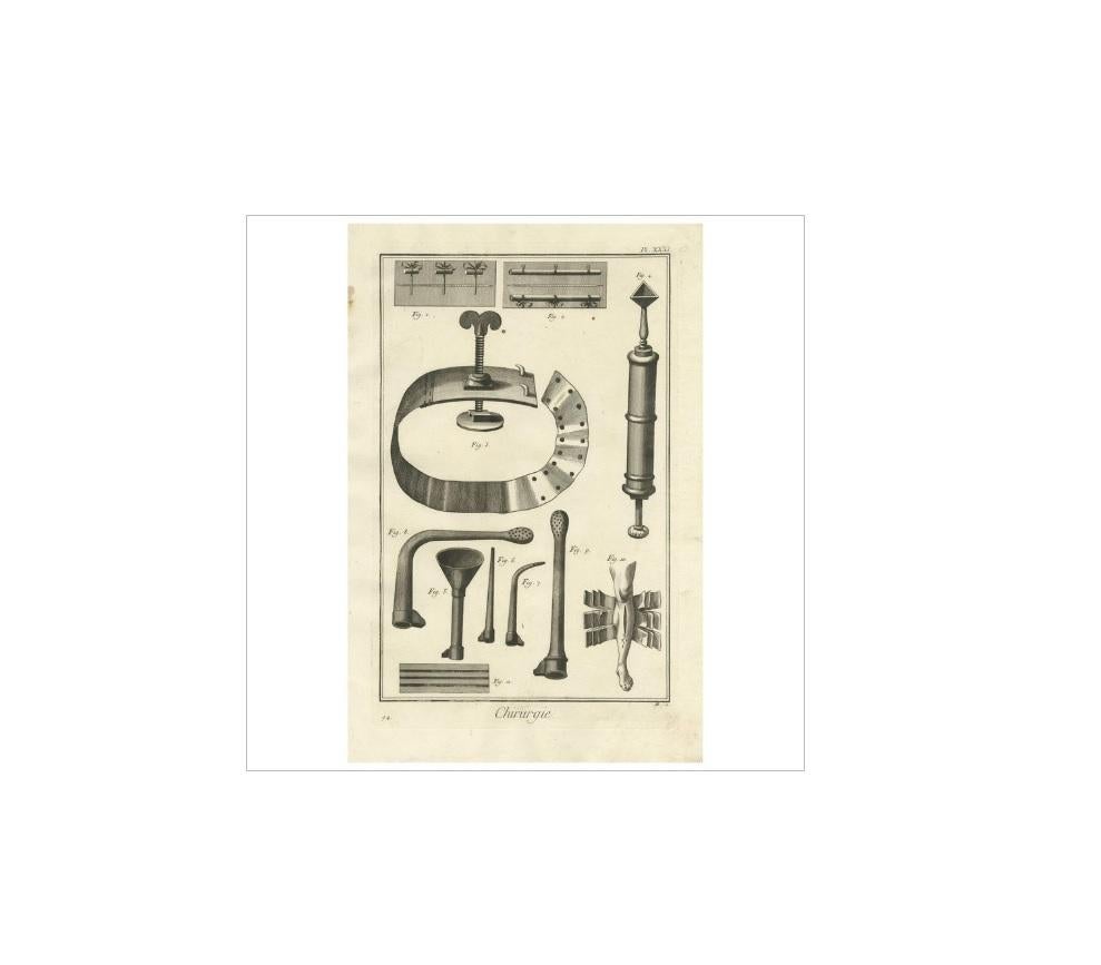 Plate XXXI: 'Chirurgie'. (Surgery.) This plate shows medical instruments like a tourniguet, syringe, siphon, bandage. This print originates from 'Encyclopédie (..)' by D. Diderot. Published, circa 1760.