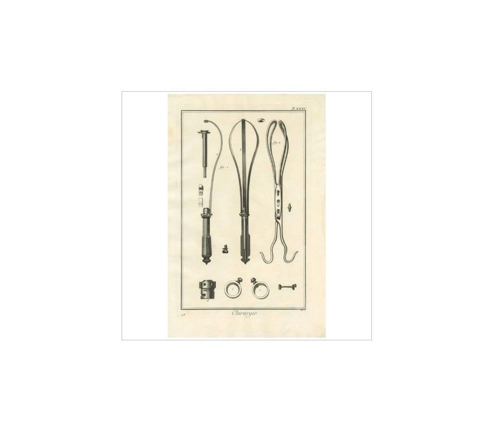 Plate XXXV: 'Chirurgie'. (Surgery.) This plate shows medical instruments / devices for childbirth like a forceps. This print originates from 'Encyclopédie (..)' by D. Diderot. Published, circa 1760.