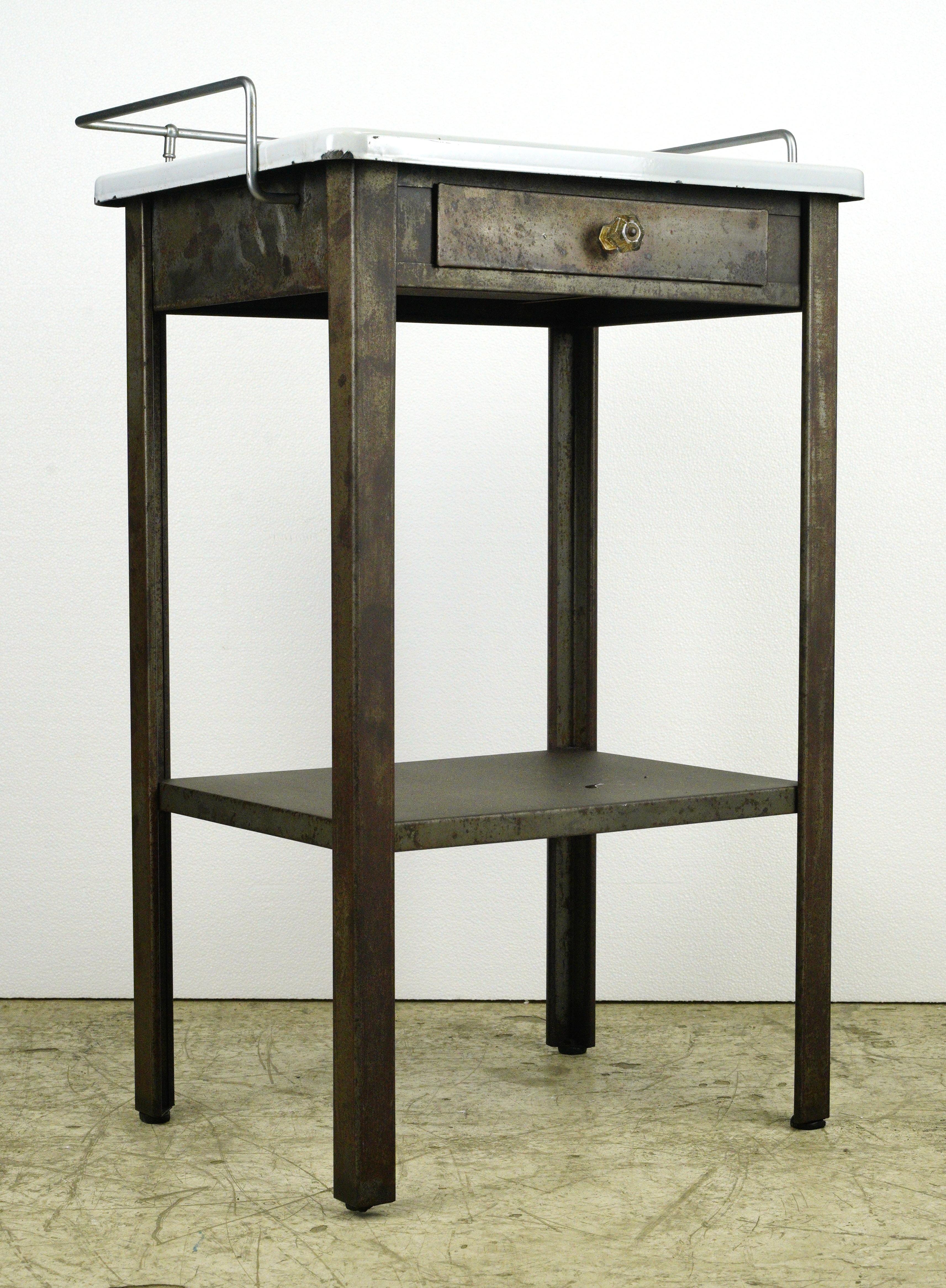 Antique Medical Steel End Side Storage Table In Good Condition For Sale In New York, NY