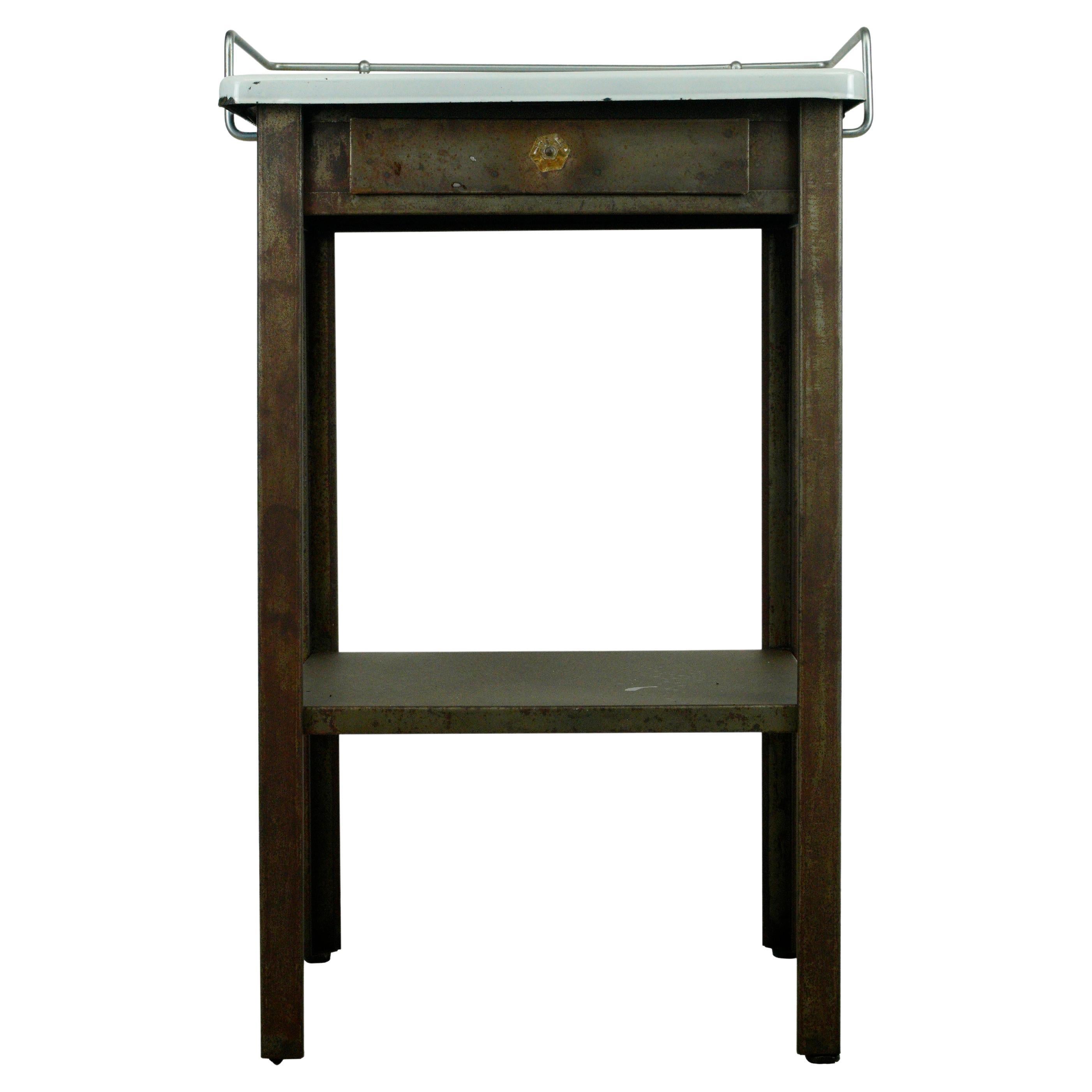 Antique Medical Steel End Side Storage Table For Sale