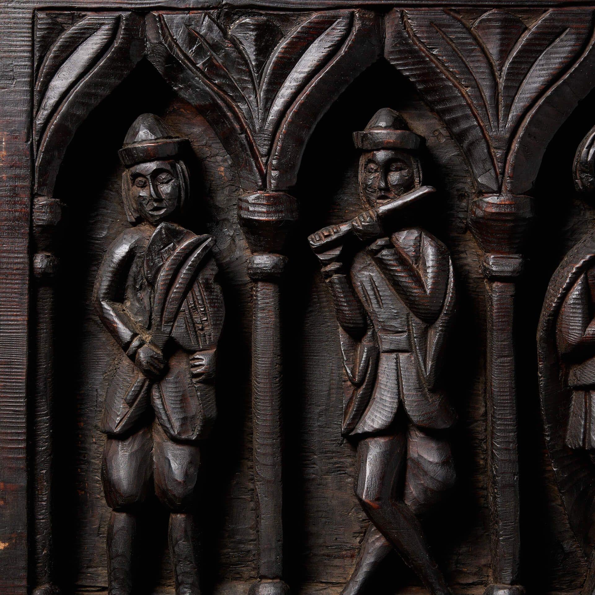 Country Antique Medieval Carved Pine Panel of Musical Figures For Sale