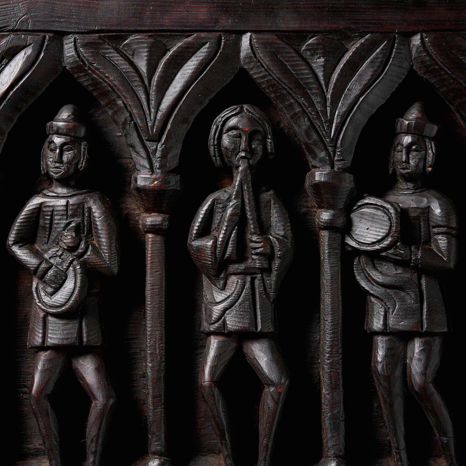 English Antique Medieval Carved Pine Panel of Musical Figures For Sale