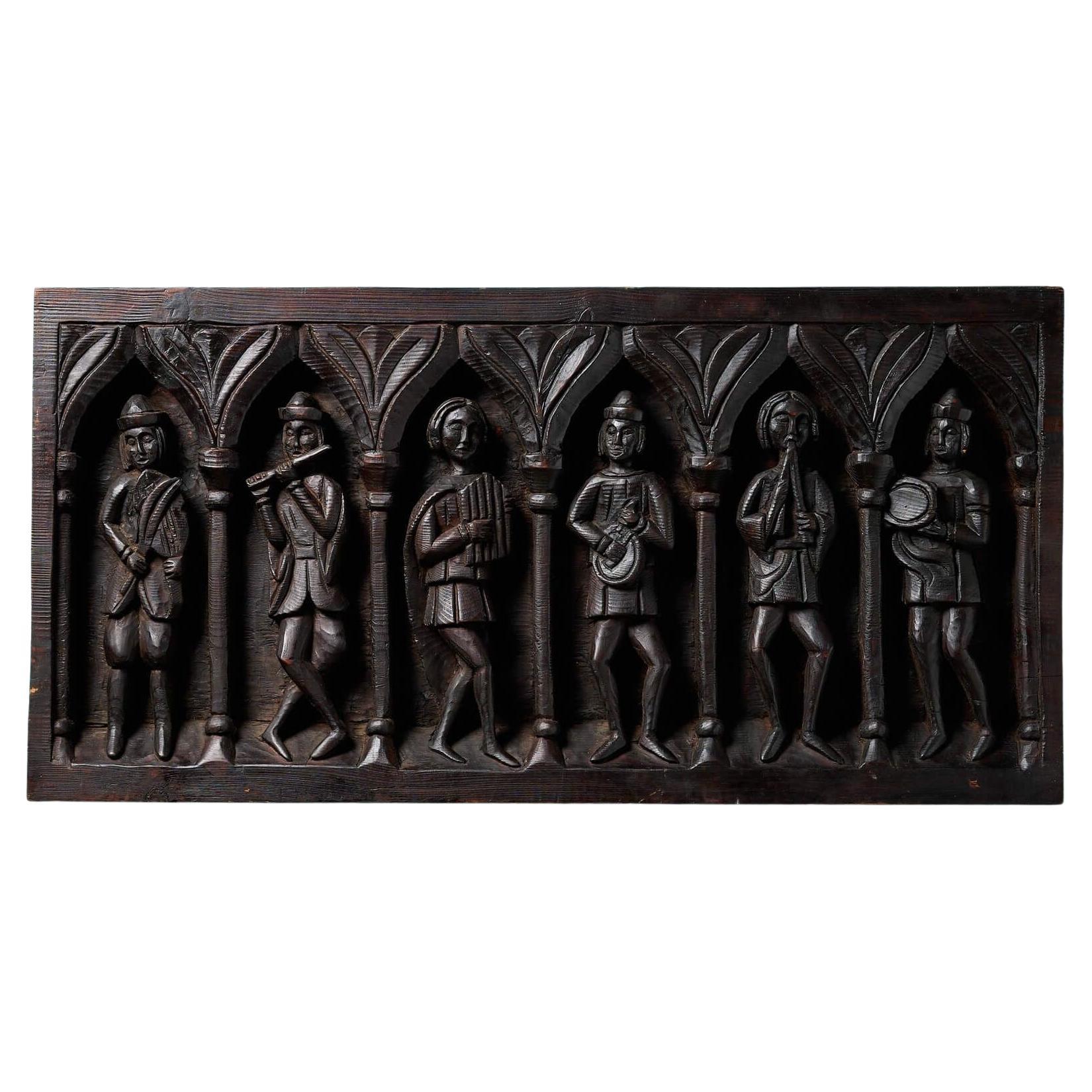 Antique Medieval Carved Pine Panel of Musical Figures For Sale