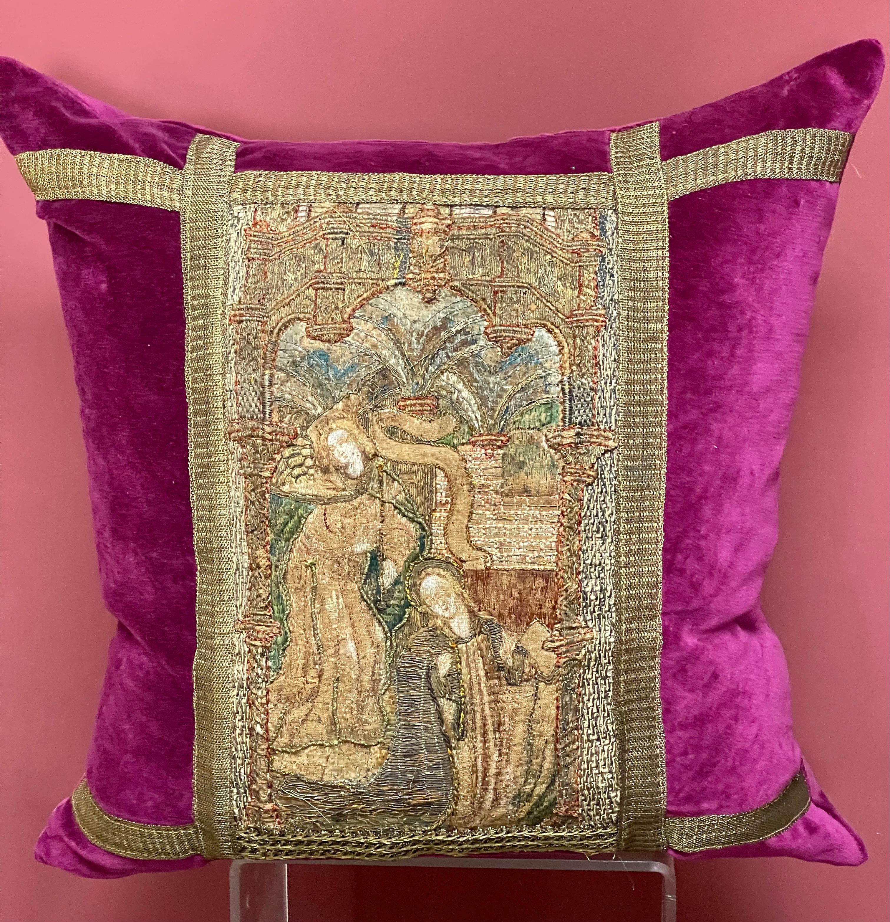 Hand Made Bespoke Pillow

Featuring extremely rare Medieval Orphrey Panel from what must have been a very important set of Vestments 

Dating from 15th Century.

Upon antique Aubergine colour mohair velvet, finished with 18th century metallic
