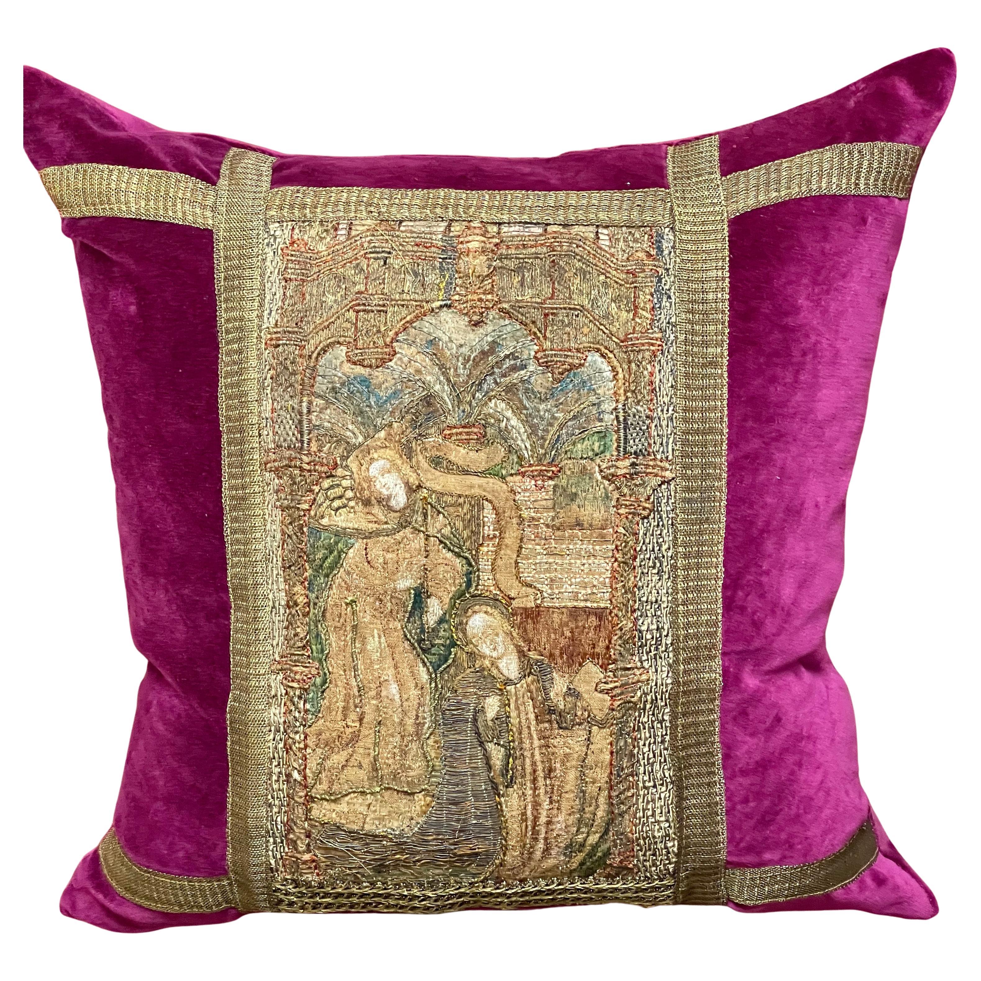 Antique Medieval Embroidered Panel  Pillow