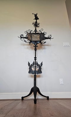 Antique Medieval European Castle Gothic Forged Iron Processional on Stand