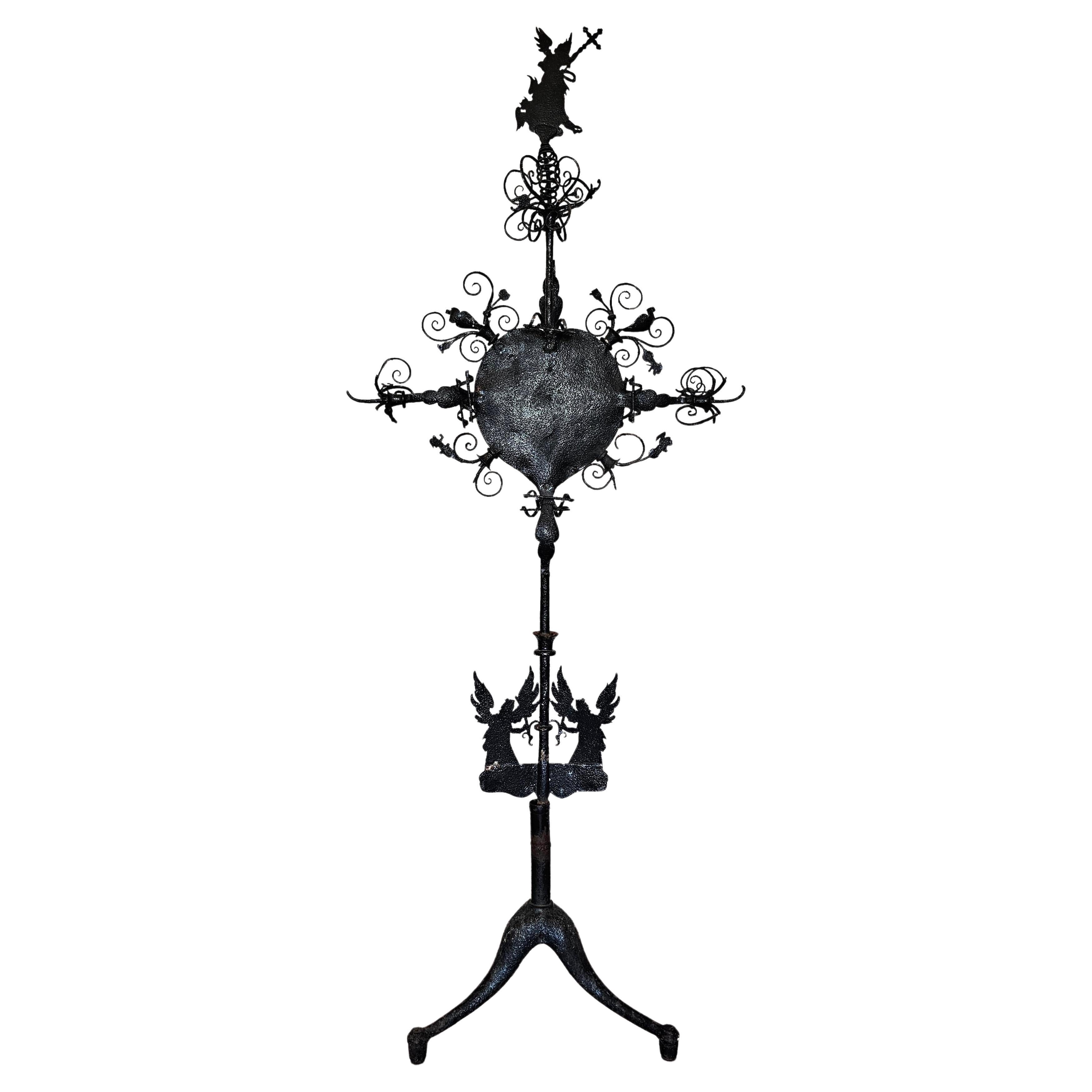 Antique Medieval European Castle Gothic Forged Iron Processional on Stand