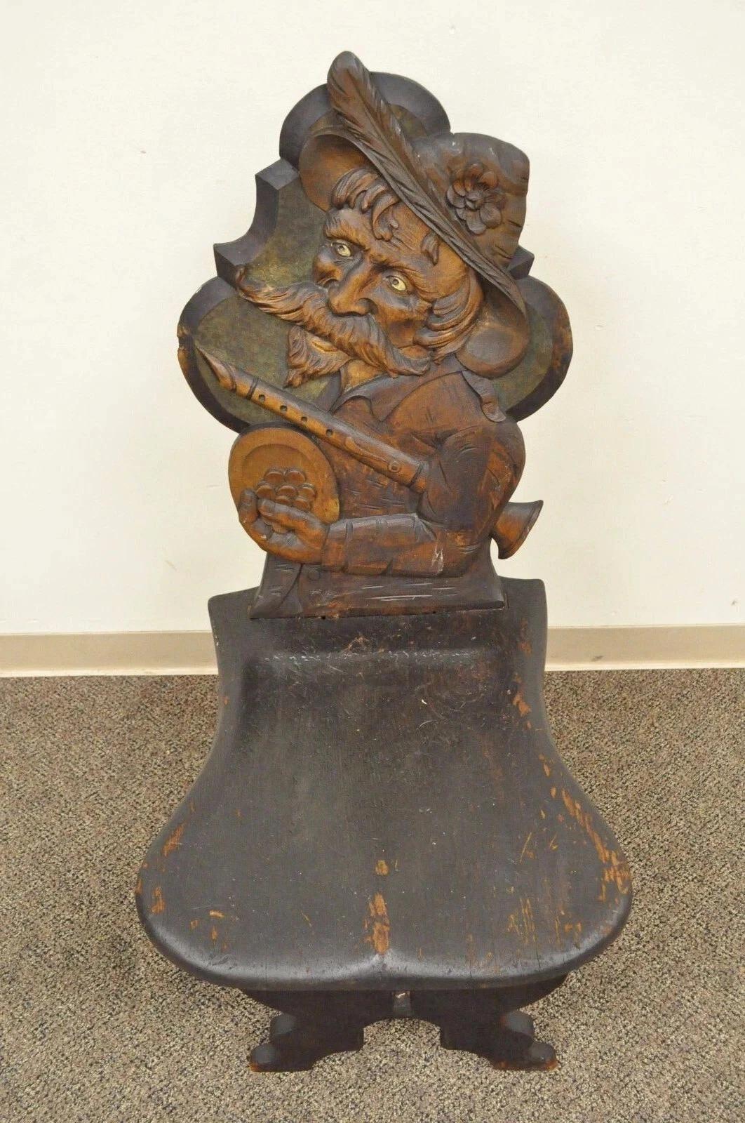 Unknown Antique Medieval Gothic Hand Carved Wood Figural Musician Bard Tavern Side Chair For Sale