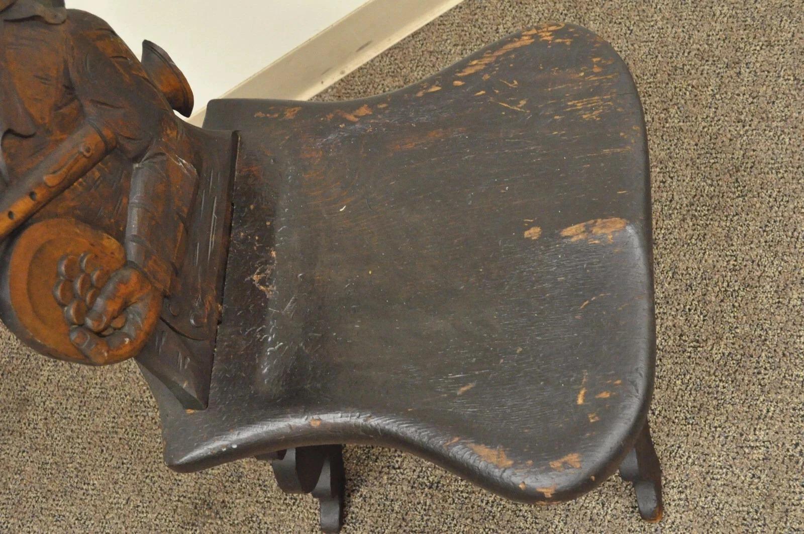 Antique Medieval Gothic Hand Carved Wood Figural Musician Bard Tavern Side Chair In Good Condition For Sale In Philadelphia, PA