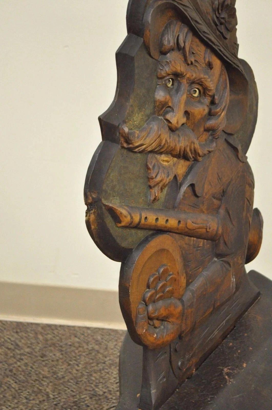 19th Century Antique Medieval Gothic Hand Carved Wood Figural Musician Bard Tavern Side Chair For Sale