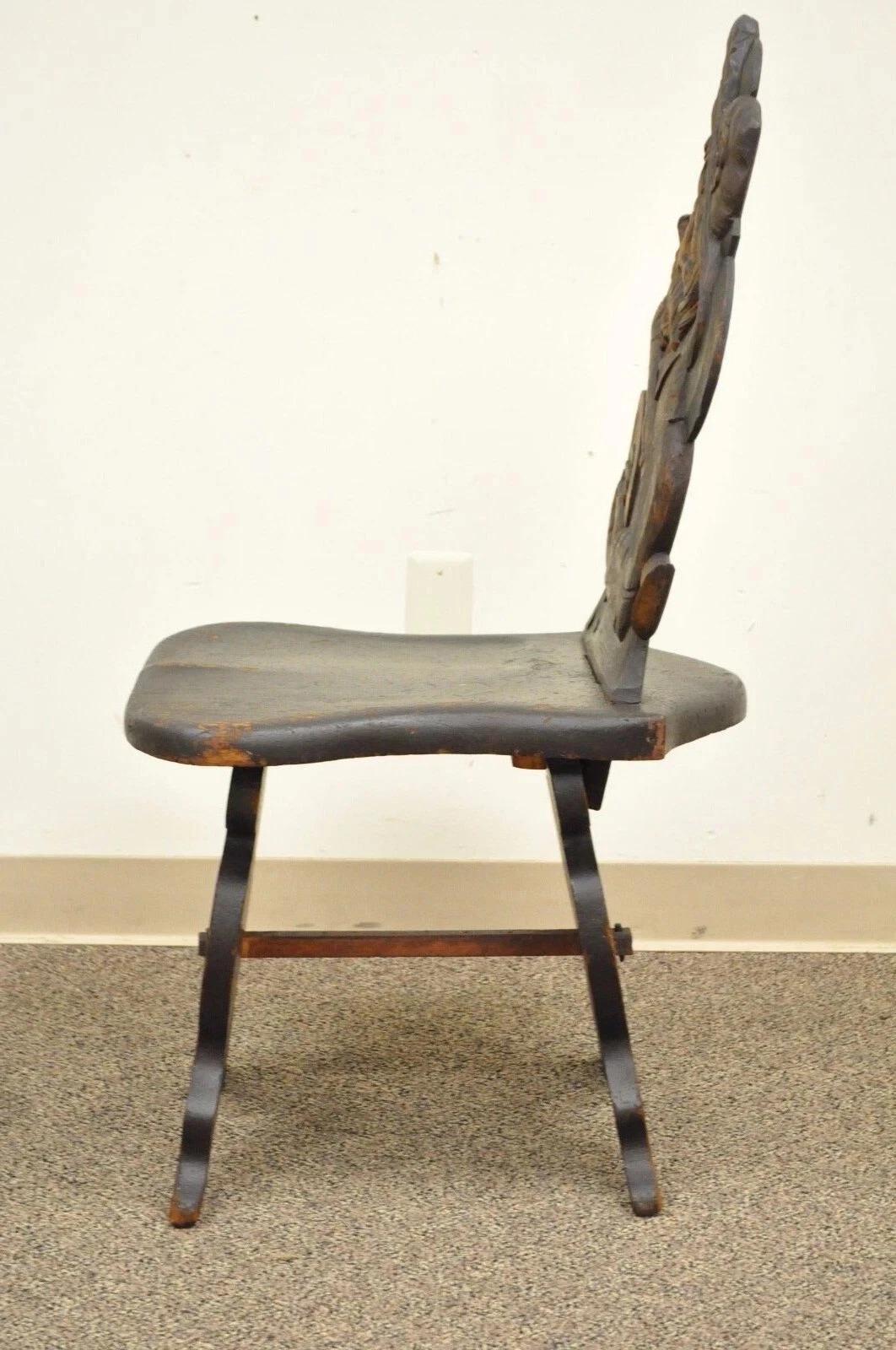 Antique Medieval Gothic Hand Carved Wood Figural Musician Bard Tavern Side Chair For Sale 1