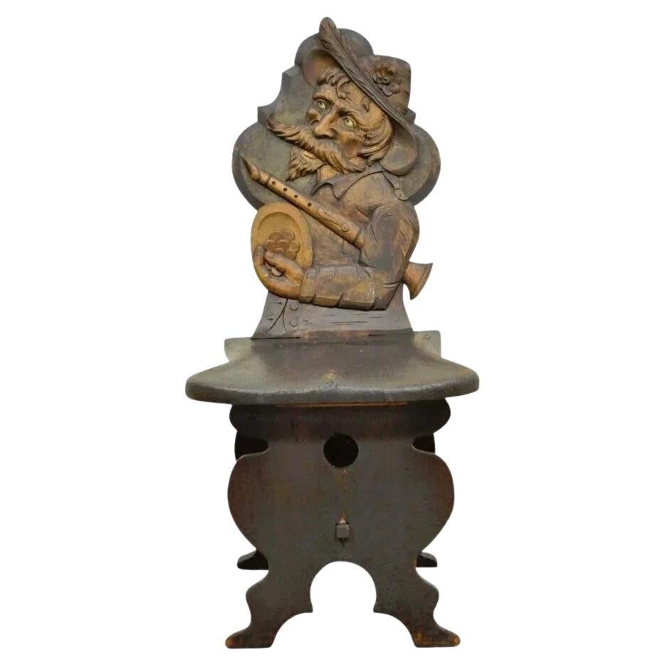 Antique Medieval Gothic Hand Carved Wood Figural Musician Bard Tavern Side Chair For Sale