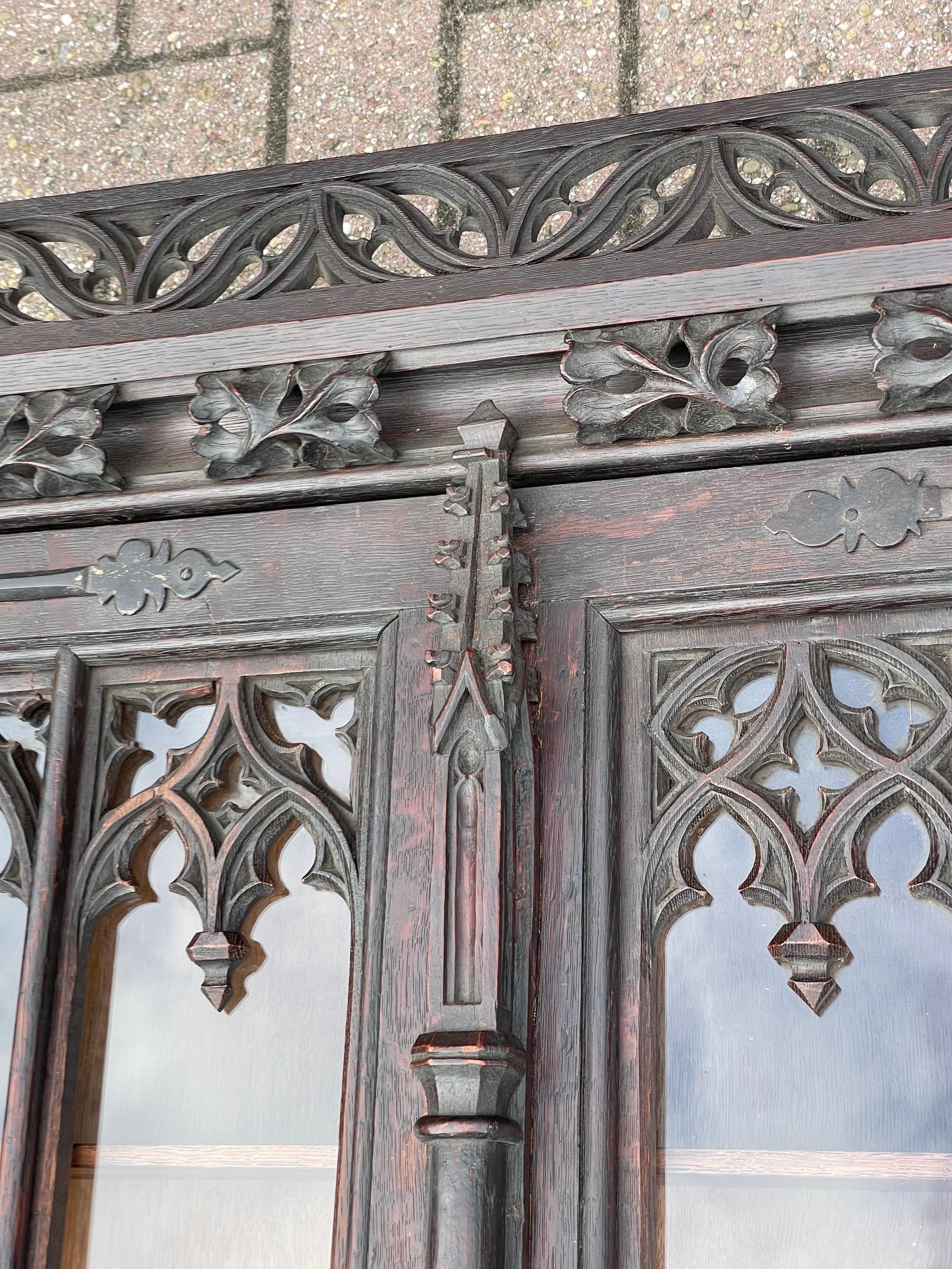 Forged Antique Medieval Gothic Style, Large Oak Hanging Wall Cabinet w. Church Windows