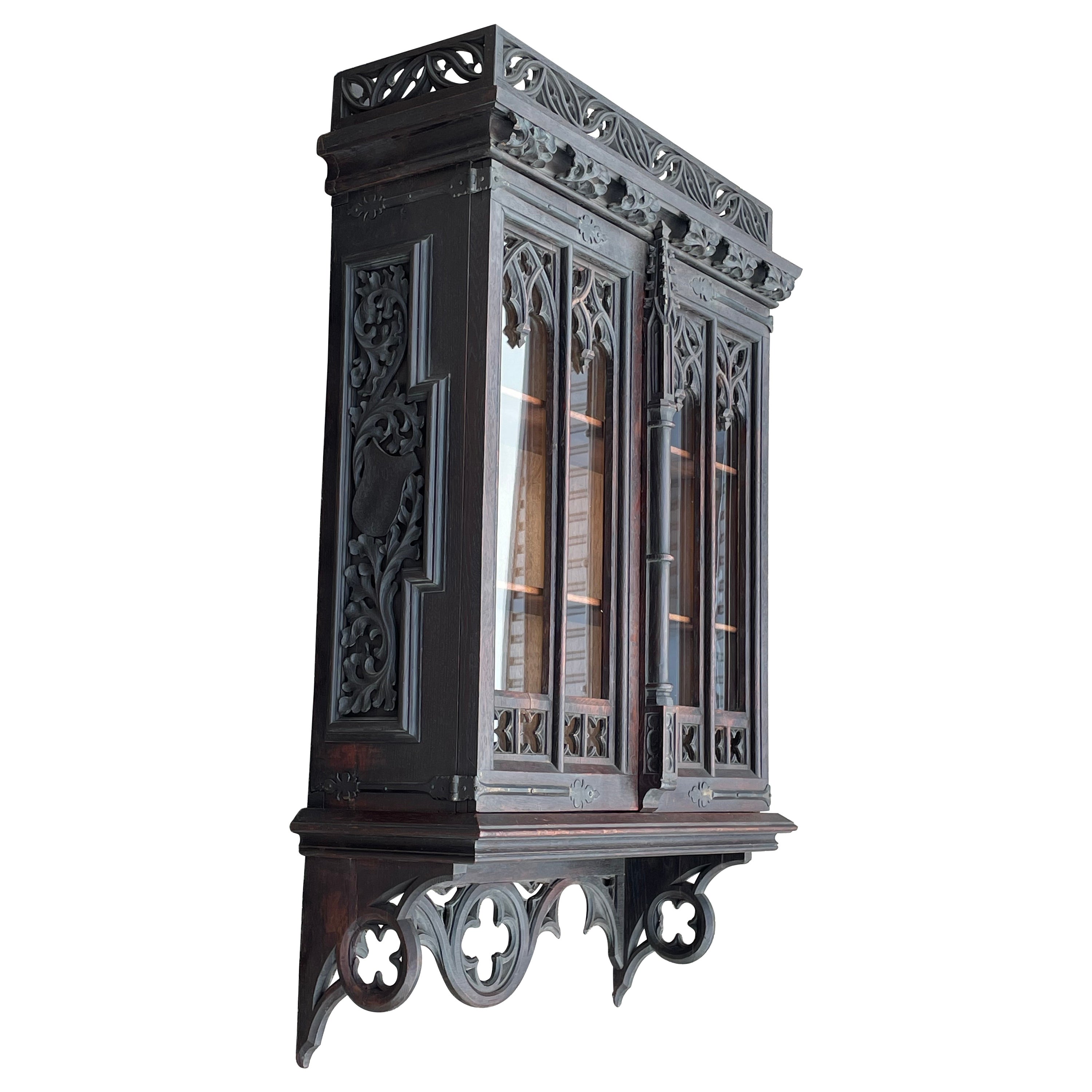 Antique Medieval Gothic Style, Large Oak Hanging Wall Cabinet w. Church Windows