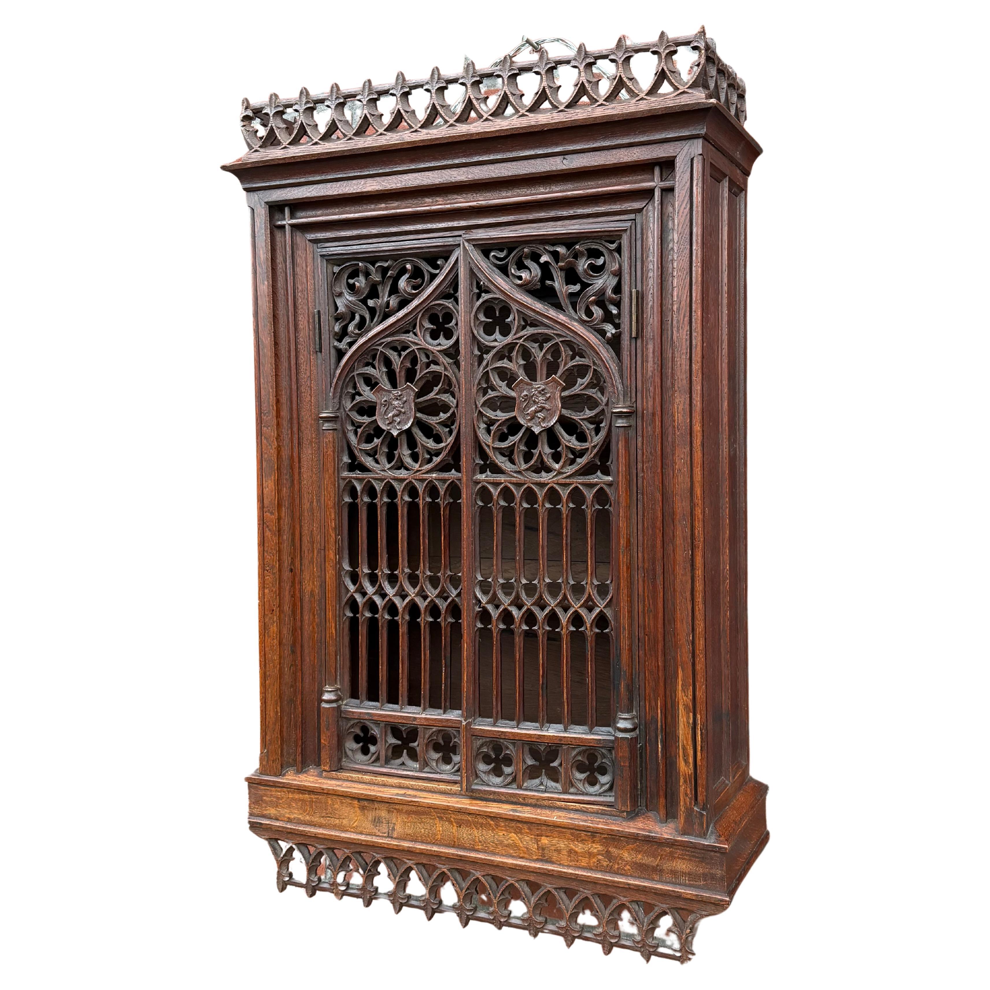 Antique Medieval Gothic Style, Oak Hanging Wall Cabinet with Church Windows