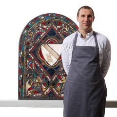 Antique Medieval Style Arched Stained Glass Armorial Window