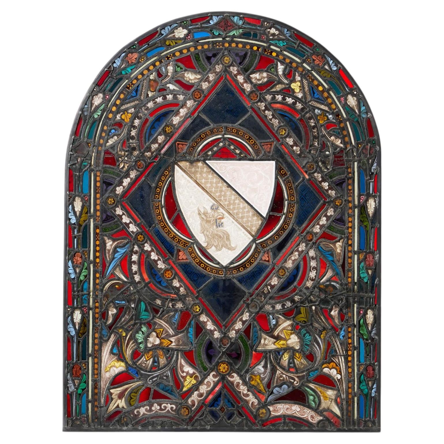 Antique Medieval Style Arched Stained Glass Armorial Window