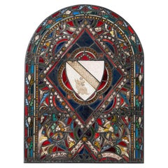 Antique Medieval Style Arched Stained Glass Armorial Window