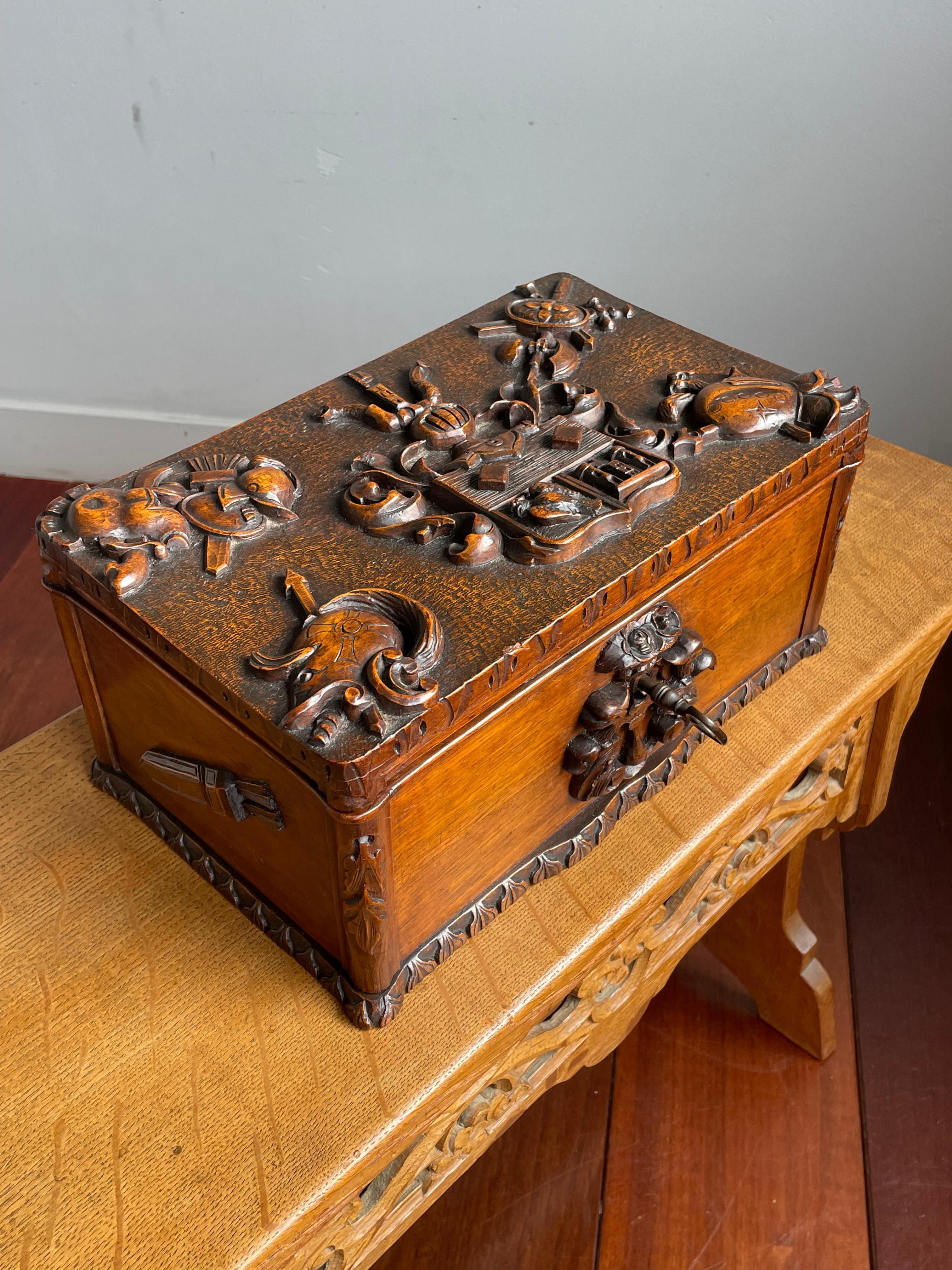 Cast Antique Medieval Style Carved Nutwood Box w. Heraldic Coat of Arms Knight Armour For Sale