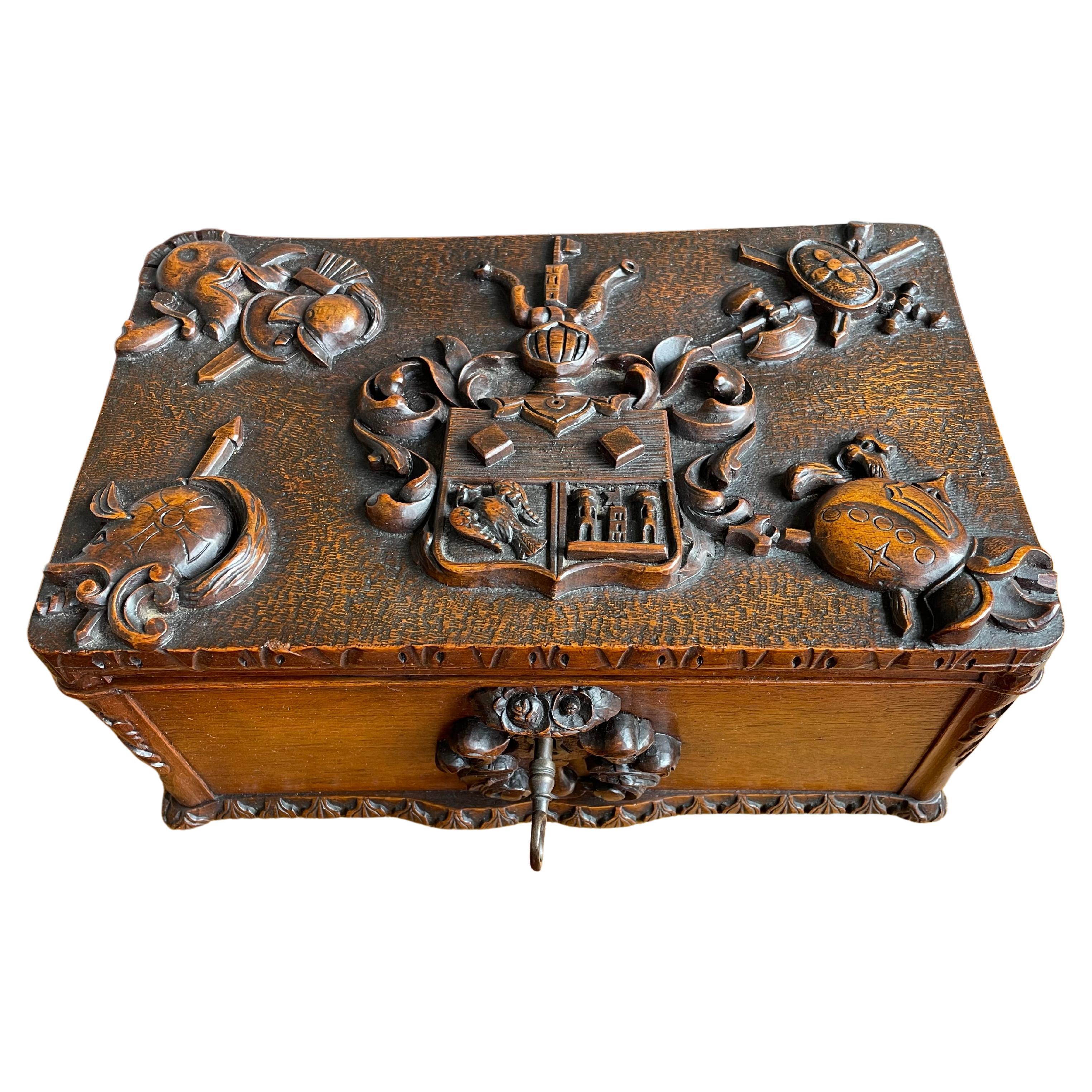 Antique Medieval Style Carved Nutwood Box w. Heraldic Coat of Arms Knight Armour For Sale