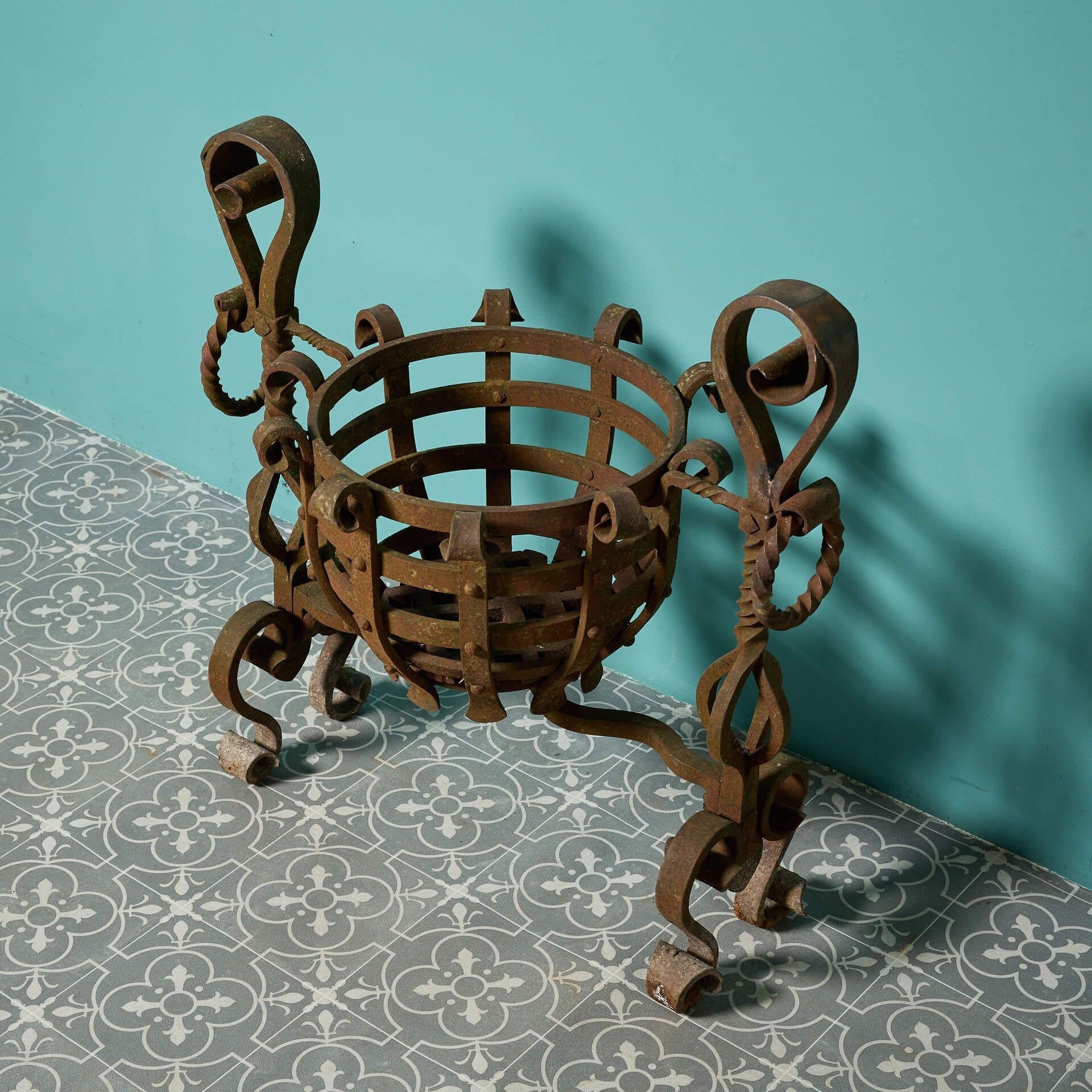 English Antique Medieval Style Wrought Iron Fire Basket For Sale