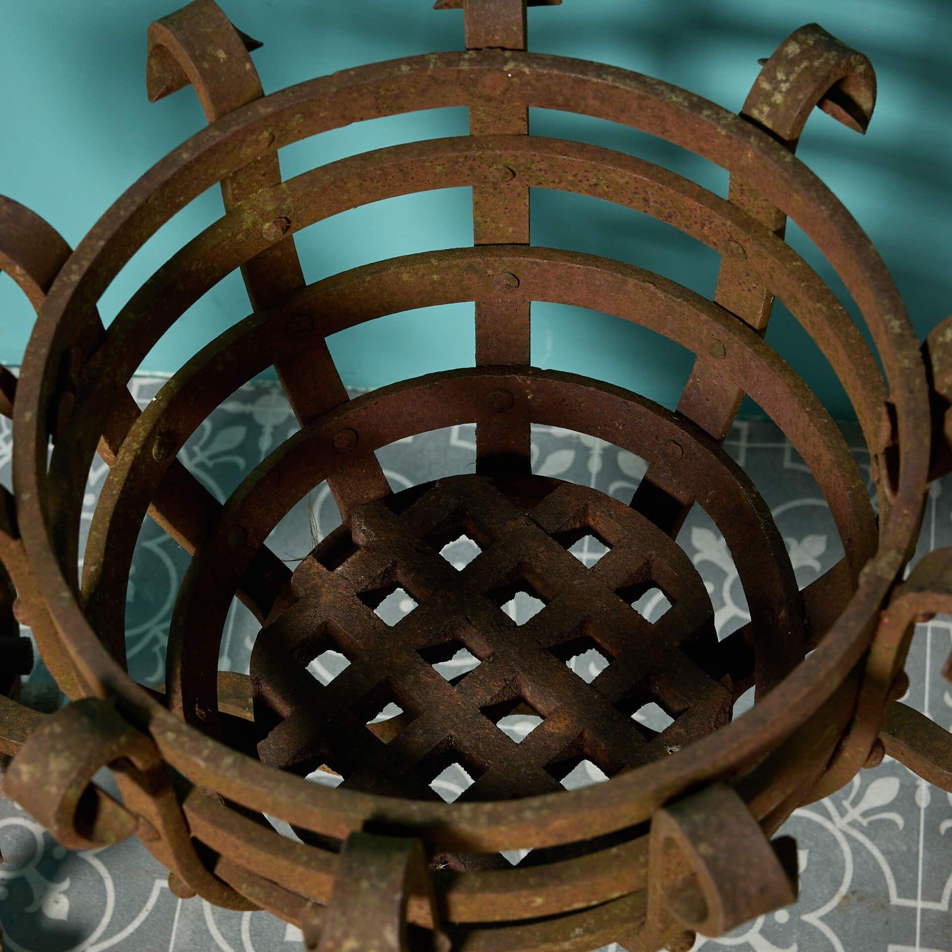 19th Century Antique Medieval Style Wrought Iron Fire Basket For Sale