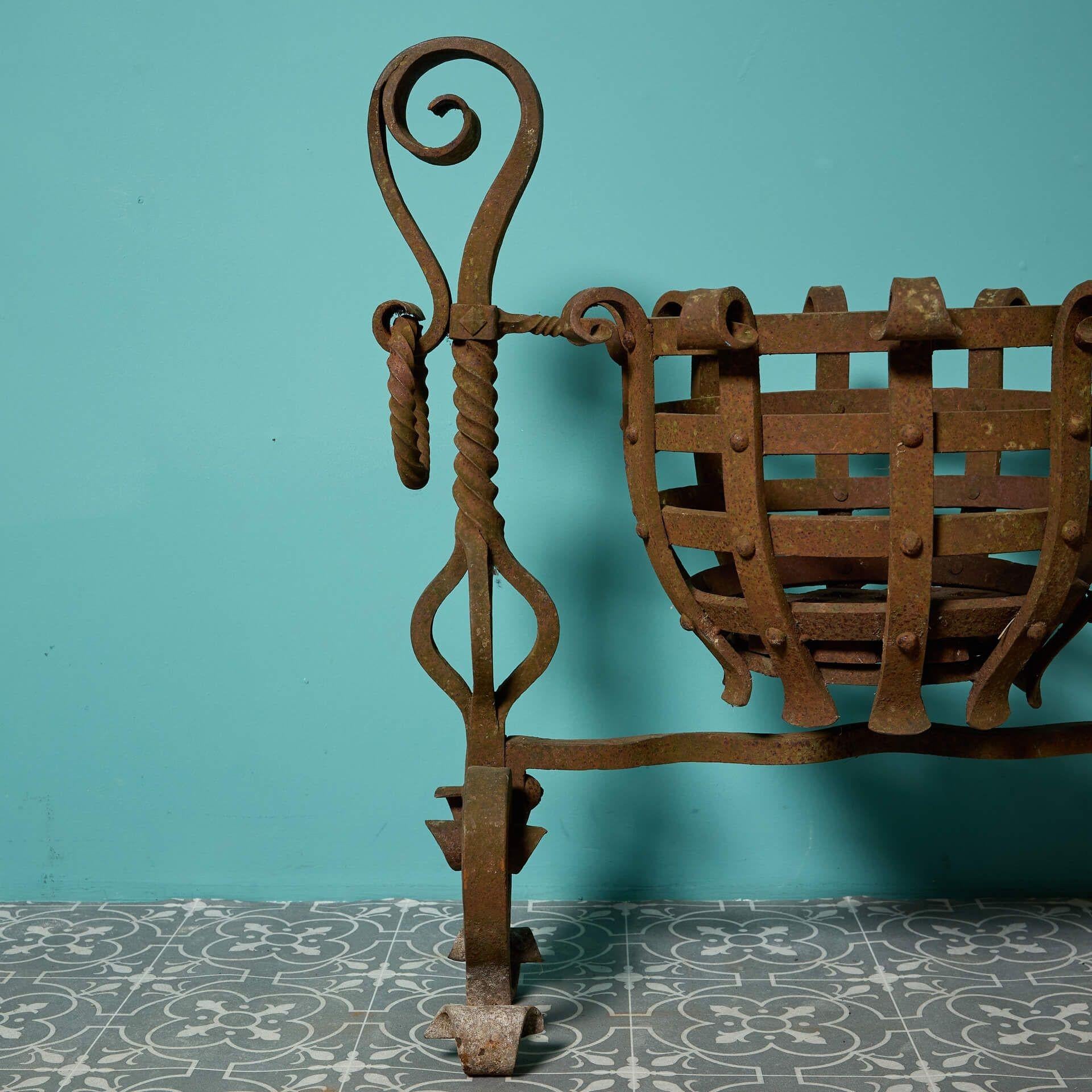 Metal Antique Medieval Style Wrought Iron Fire Basket For Sale