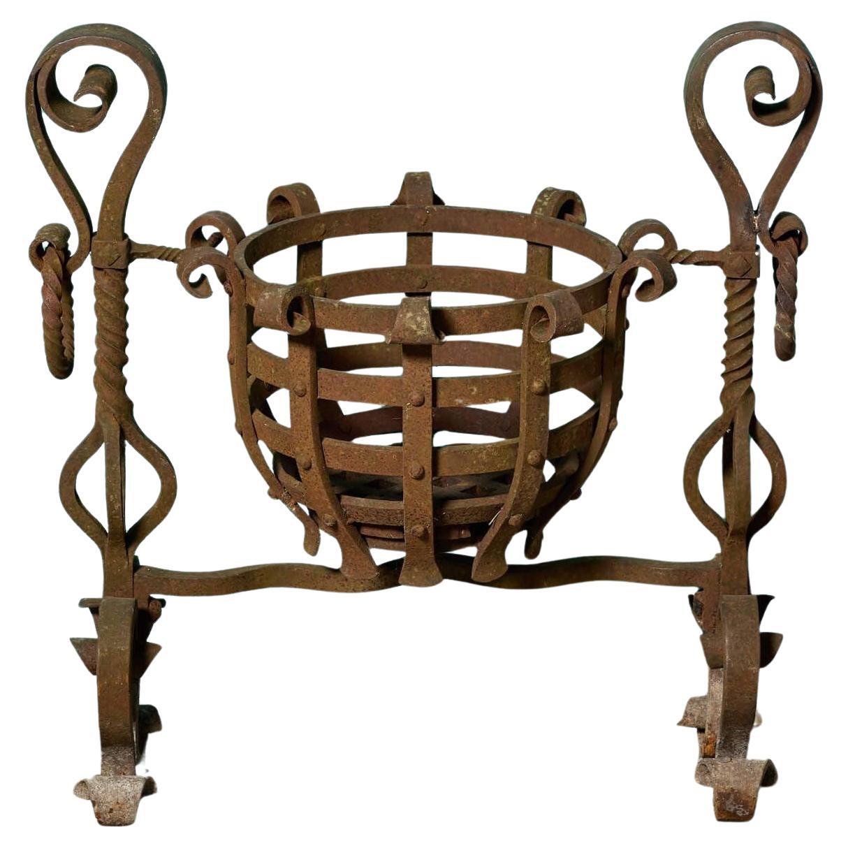 Antique Medieval Style Wrought Iron Fire Basket For Sale