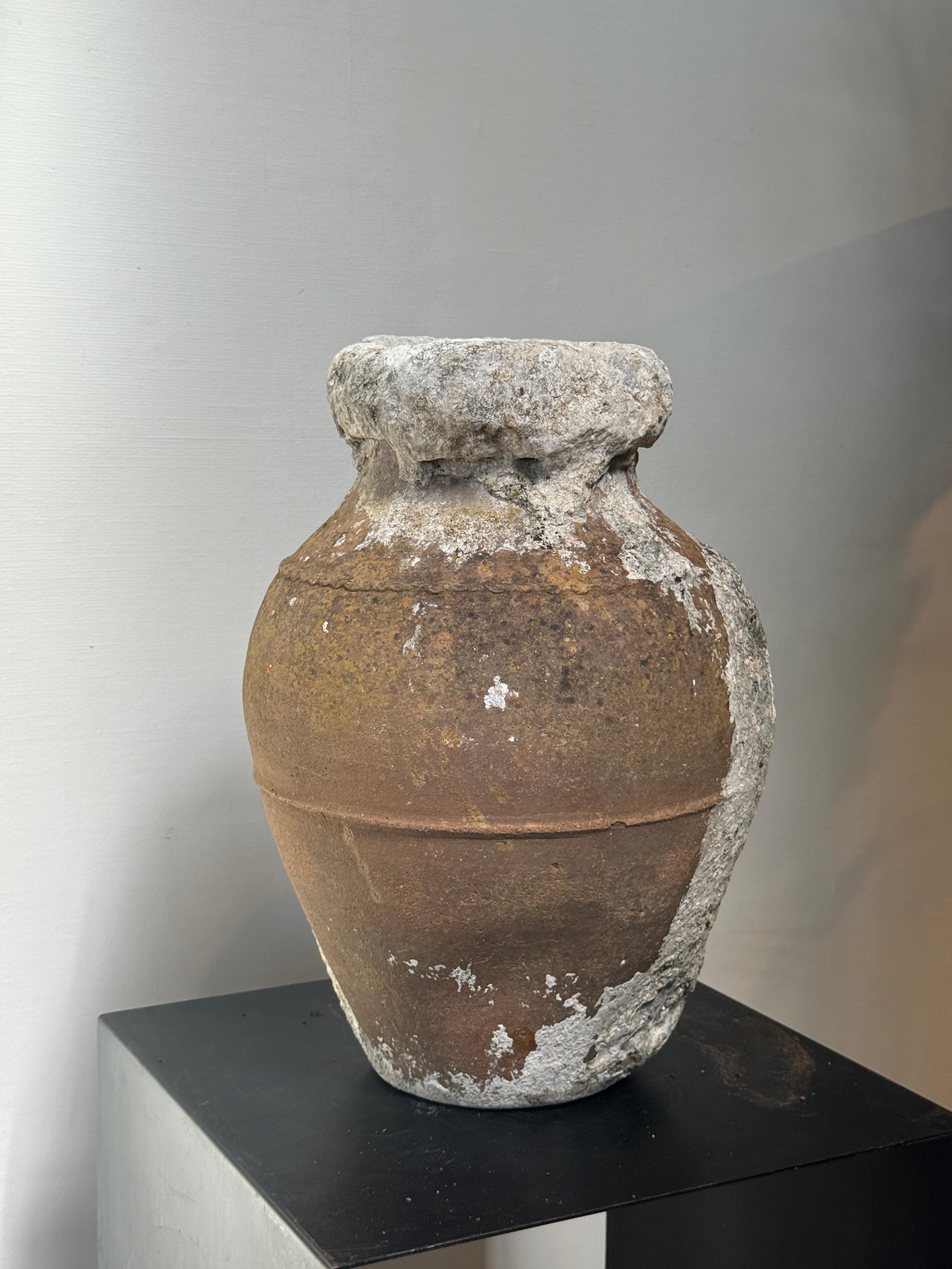 Rustic Antique Mediterranean Amphora-Style Storage Pot with Calcified Patina For Sale