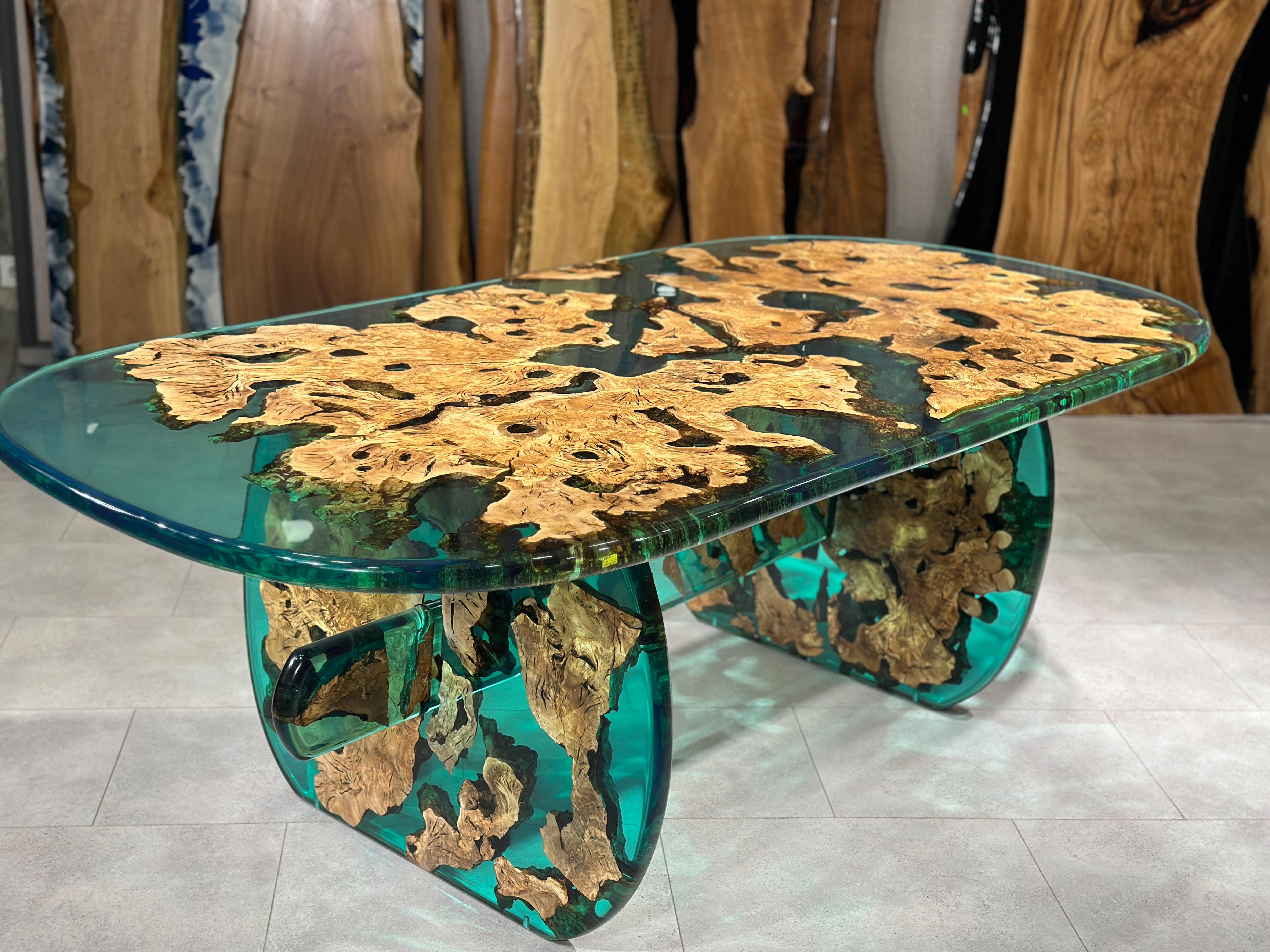 Arts and Crafts Antique Mediterranean Green Olive Epoxy Resin River Table For Sale