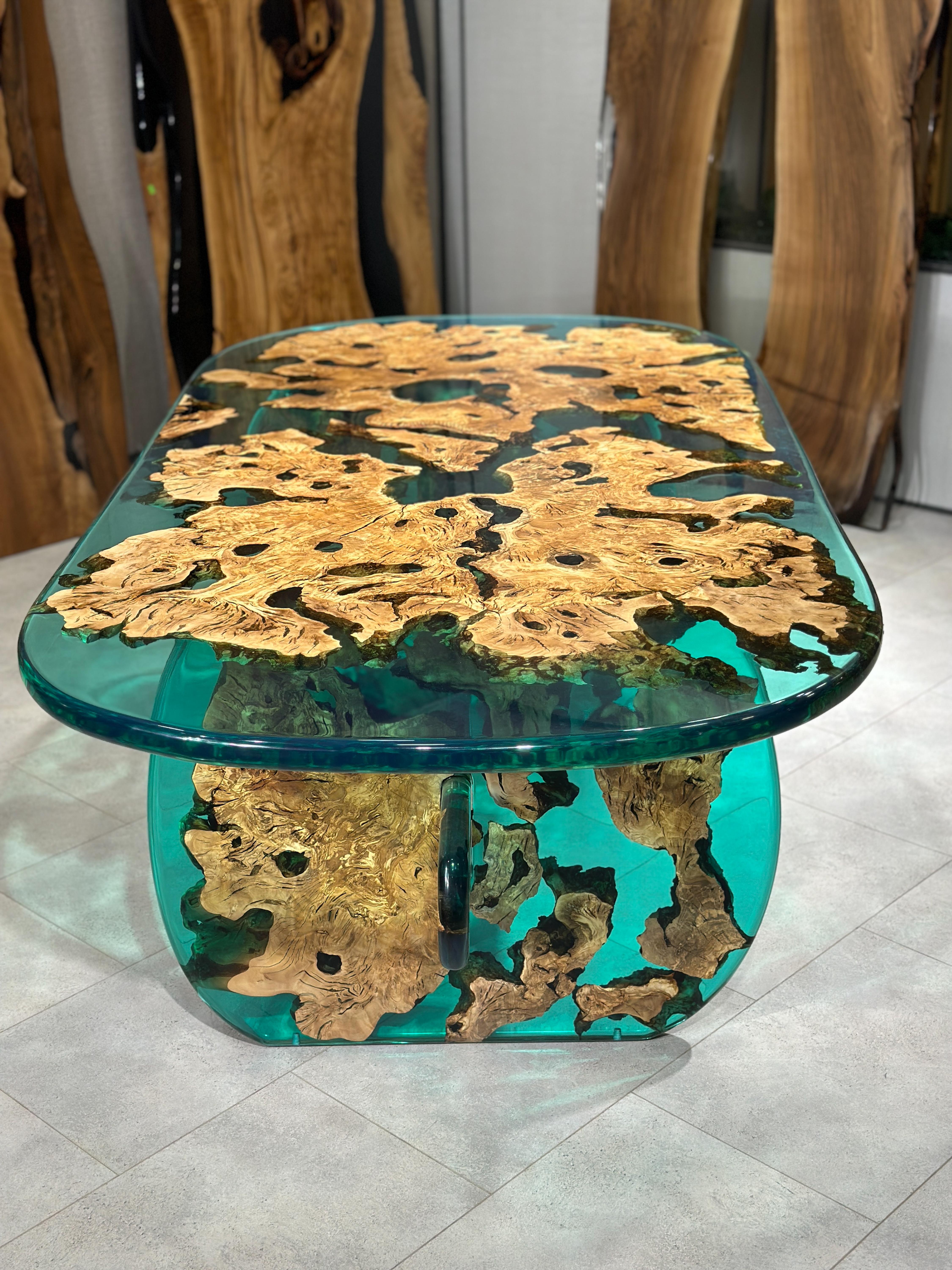 Arts and Crafts Antique Mediterranean Green Olive Epoxy Resin River Table For Sale