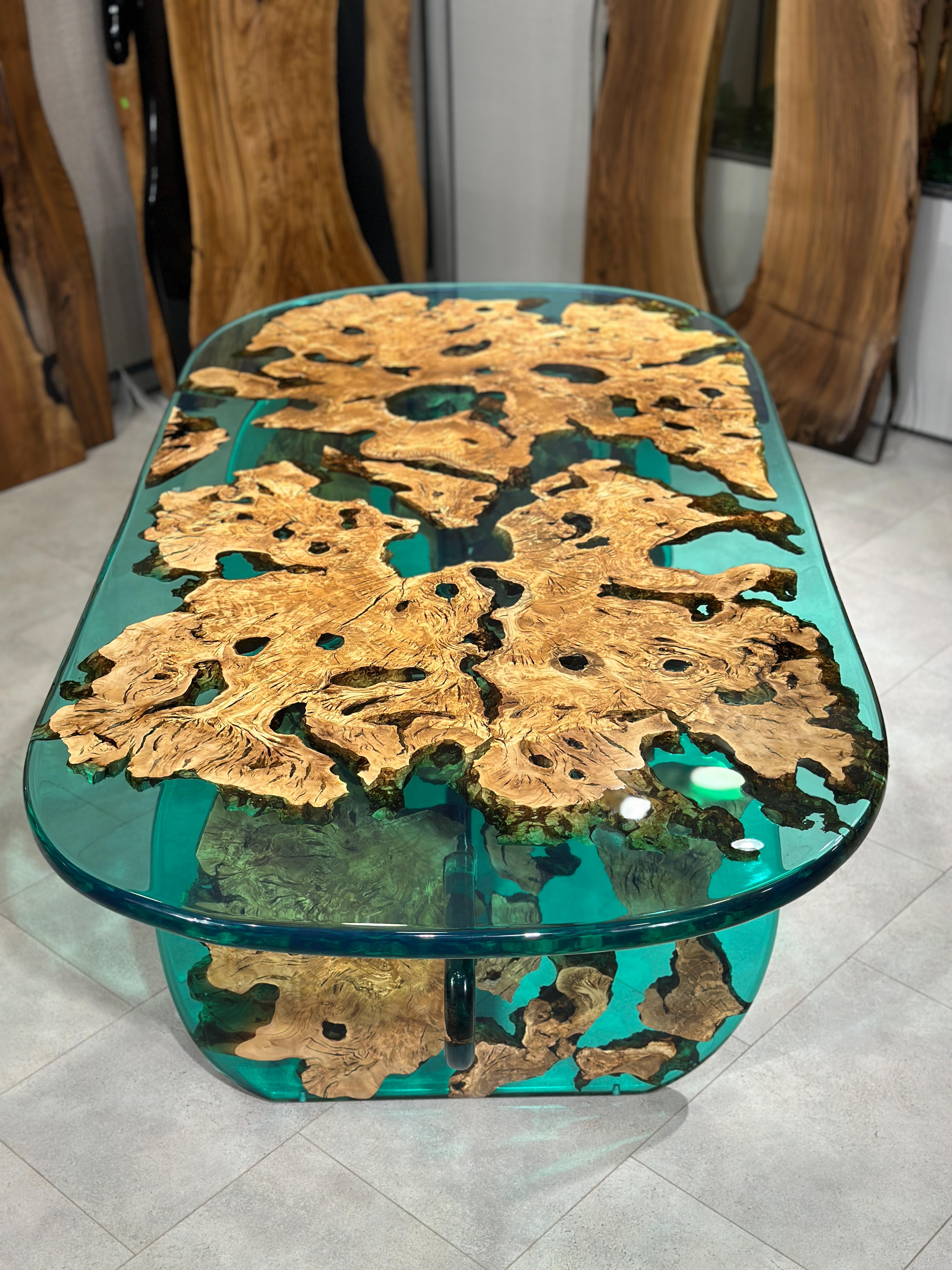 Hand-Carved Antique Mediterranean Green Olive Epoxy Resin River Table For Sale