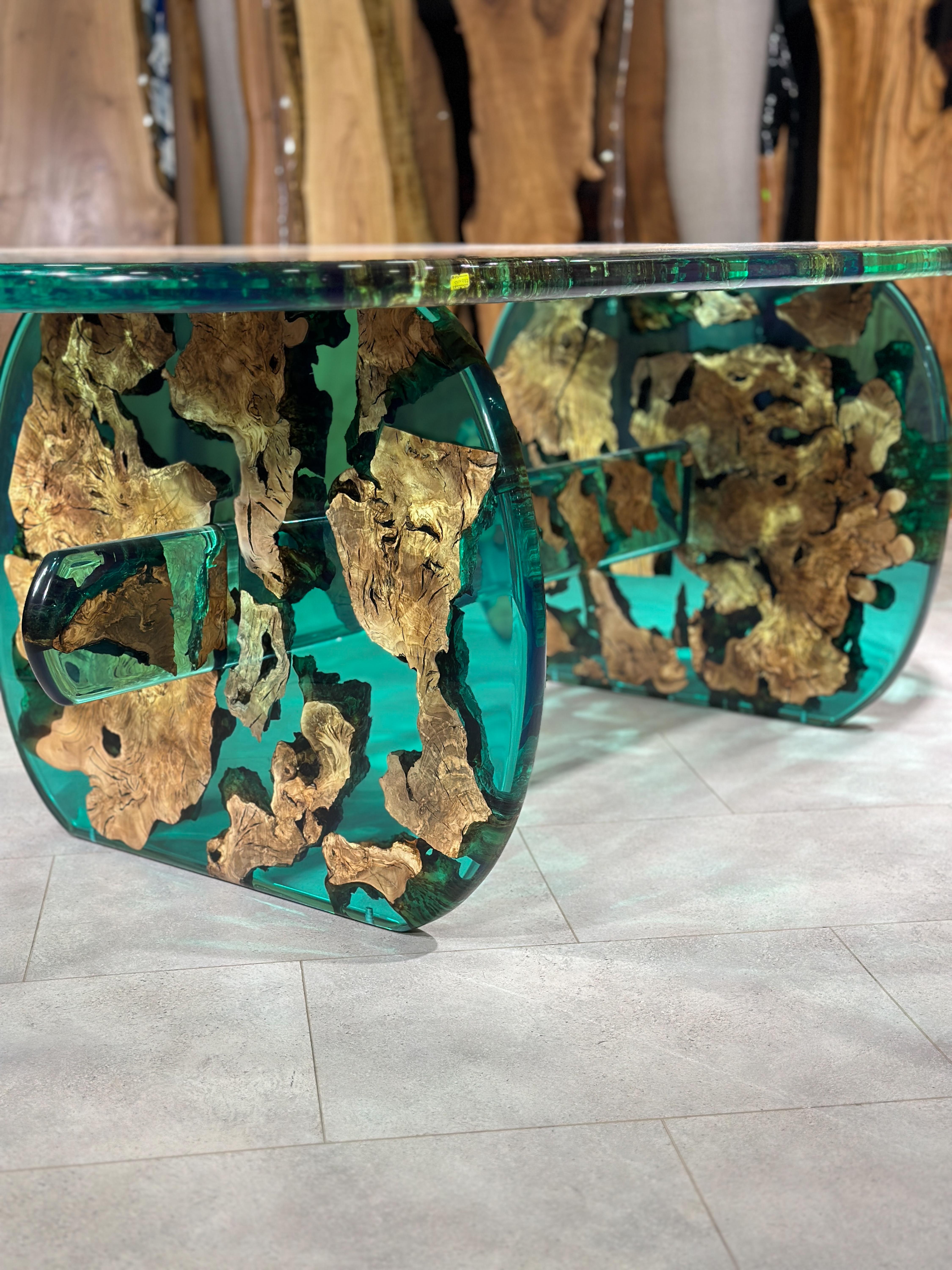 Hand-Carved Antique Mediterranean Green Olive Epoxy Resin River Table For Sale