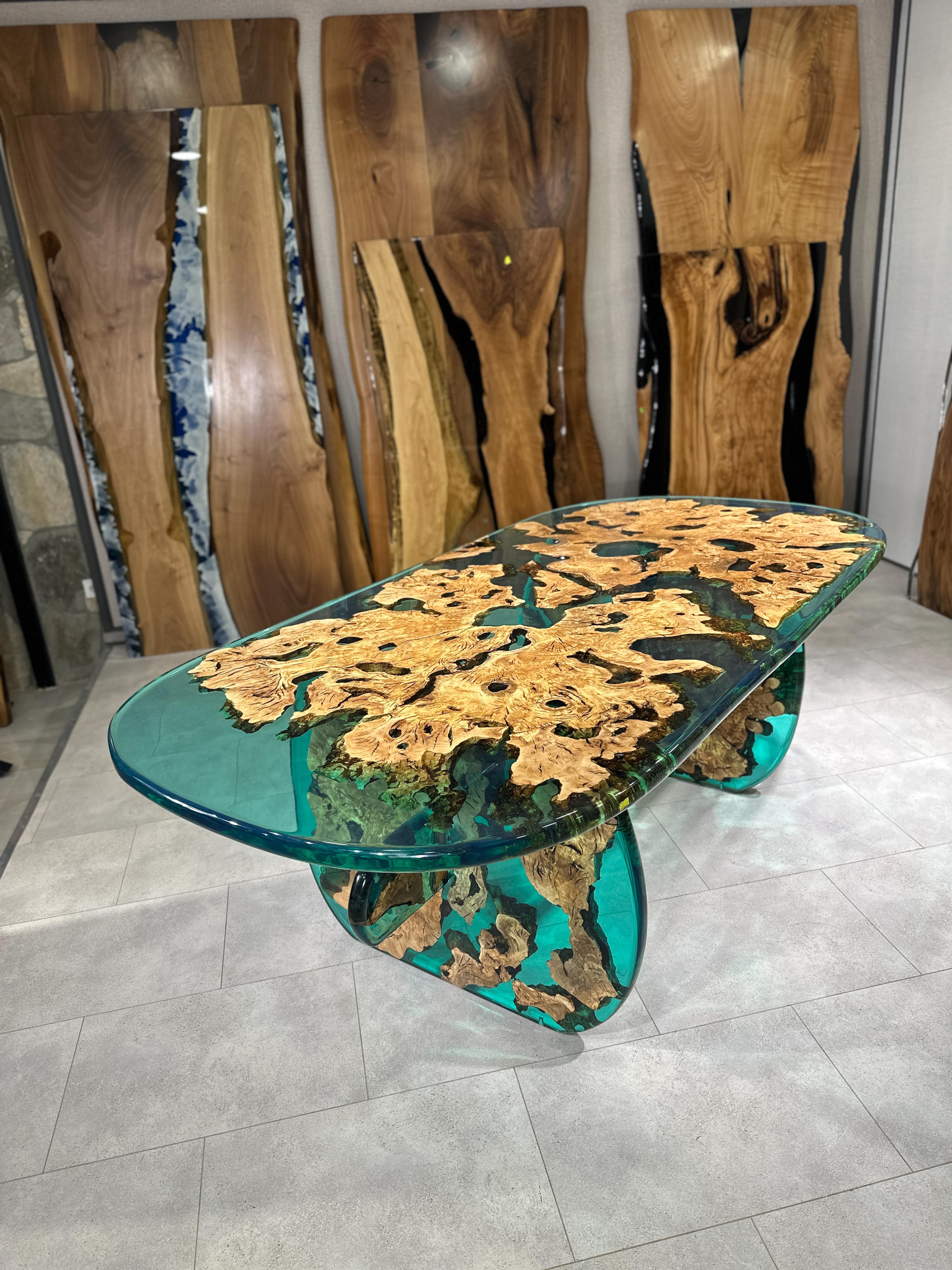 Contemporary Antique Mediterranean Green Olive Epoxy Resin River Table For Sale