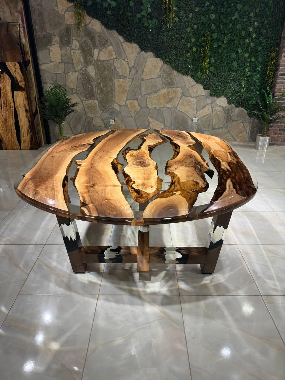Tavolo da pranzo ovale grande in legno di noce con resina epossidica trasparente - Tavolo ovale in vendita 4
