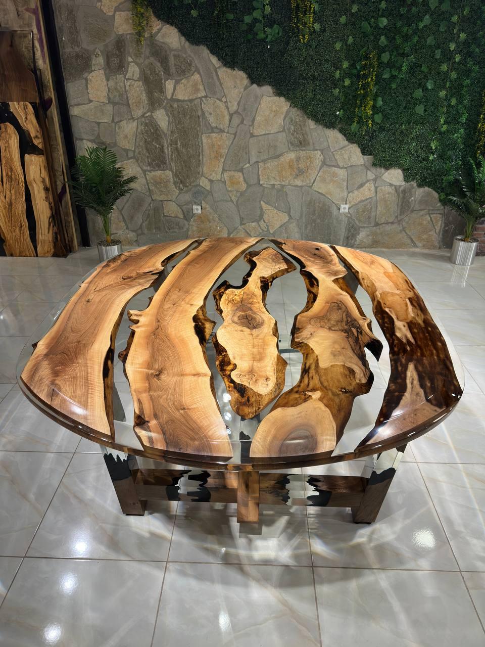 Tavolo da pranzo ovale grande in legno di noce con resina epossidica trasparente - Tavolo ovale in vendita 3
