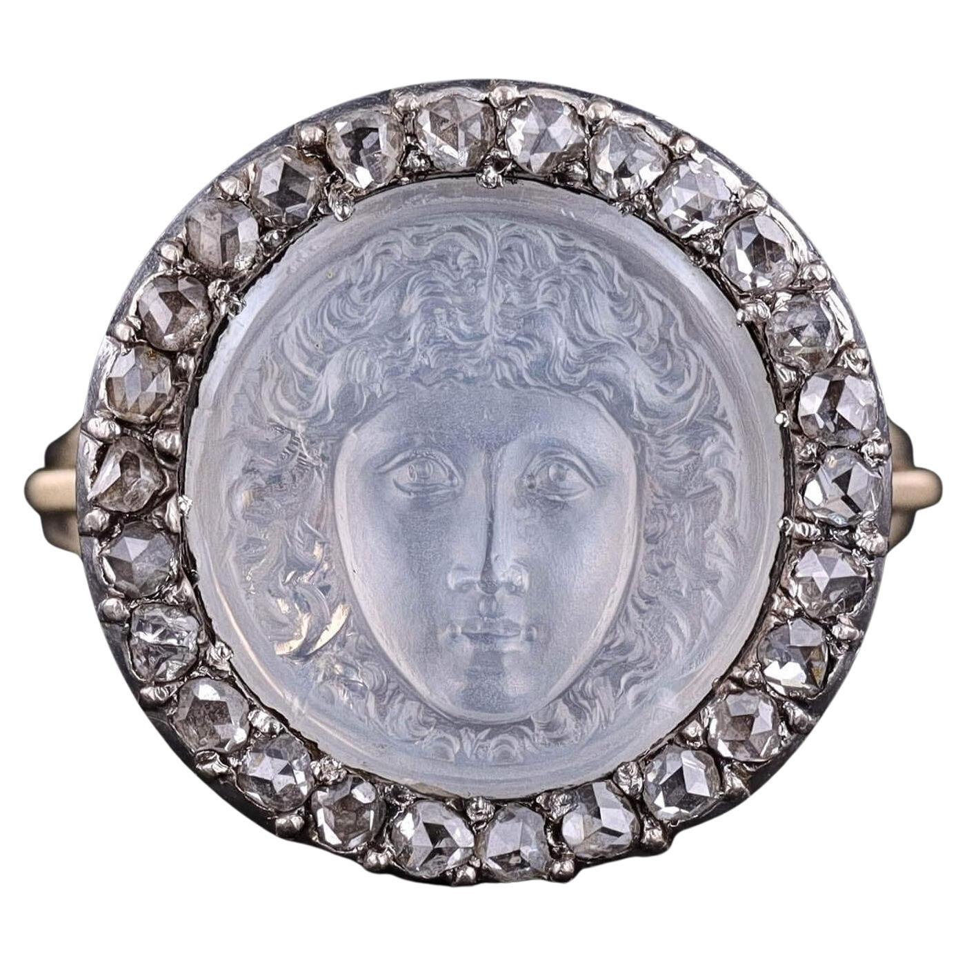 Antique Medusa Moonstone Cameo Ring of 14k Gold