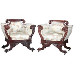 Antique Meeks School American Empire Carved Mahogany Paw Foot Armchairs