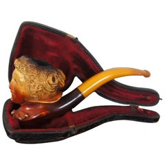 Antique Meerschaum Queen Victoria Lady Bust Pipe Amber Bakelite Stem and Case