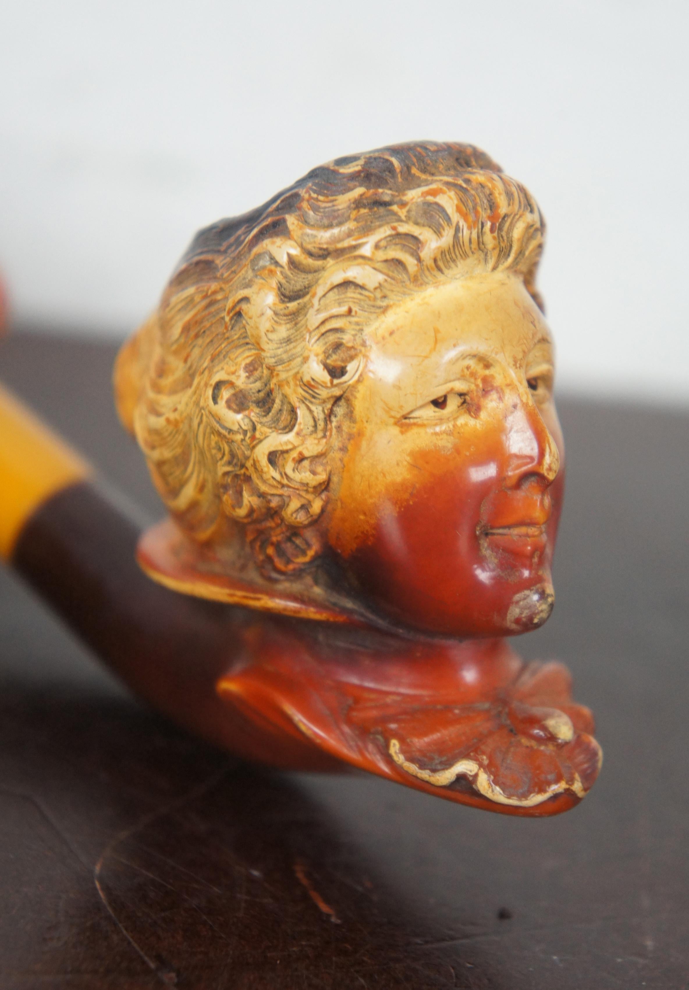 Antique Meerschaum Queen Victoria Lady Bust Pipe Amber Bakelite Stem and Case In Good Condition In Dayton, OH