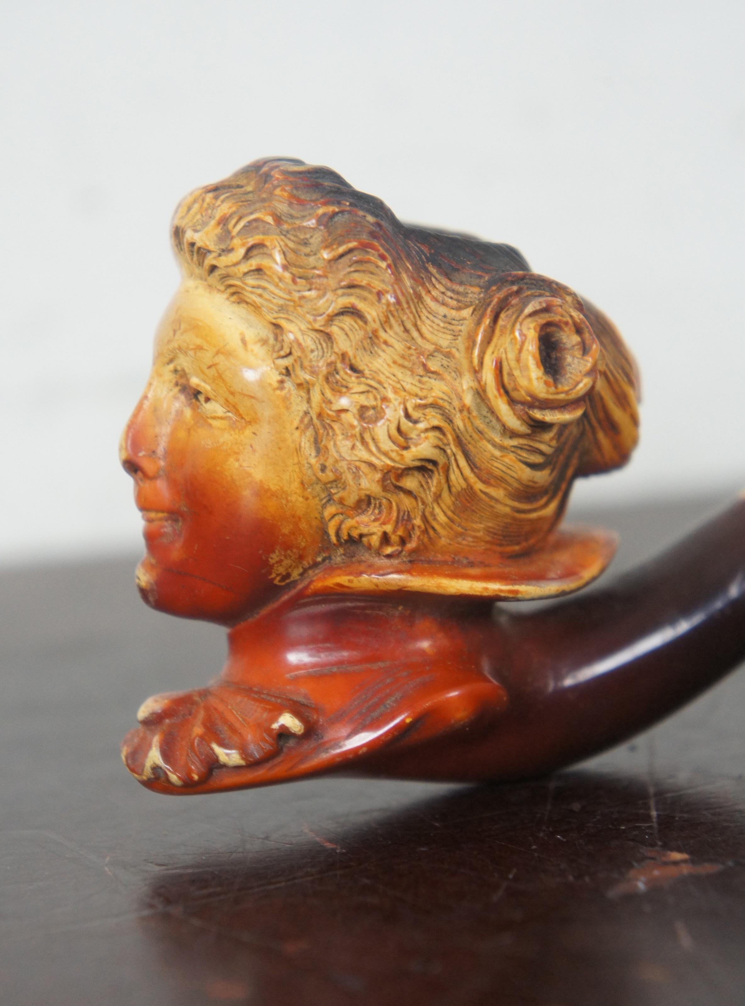 20th Century Antique Meerschaum Queen Victoria Lady Bust Pipe Amber Bakelite Stem and Case