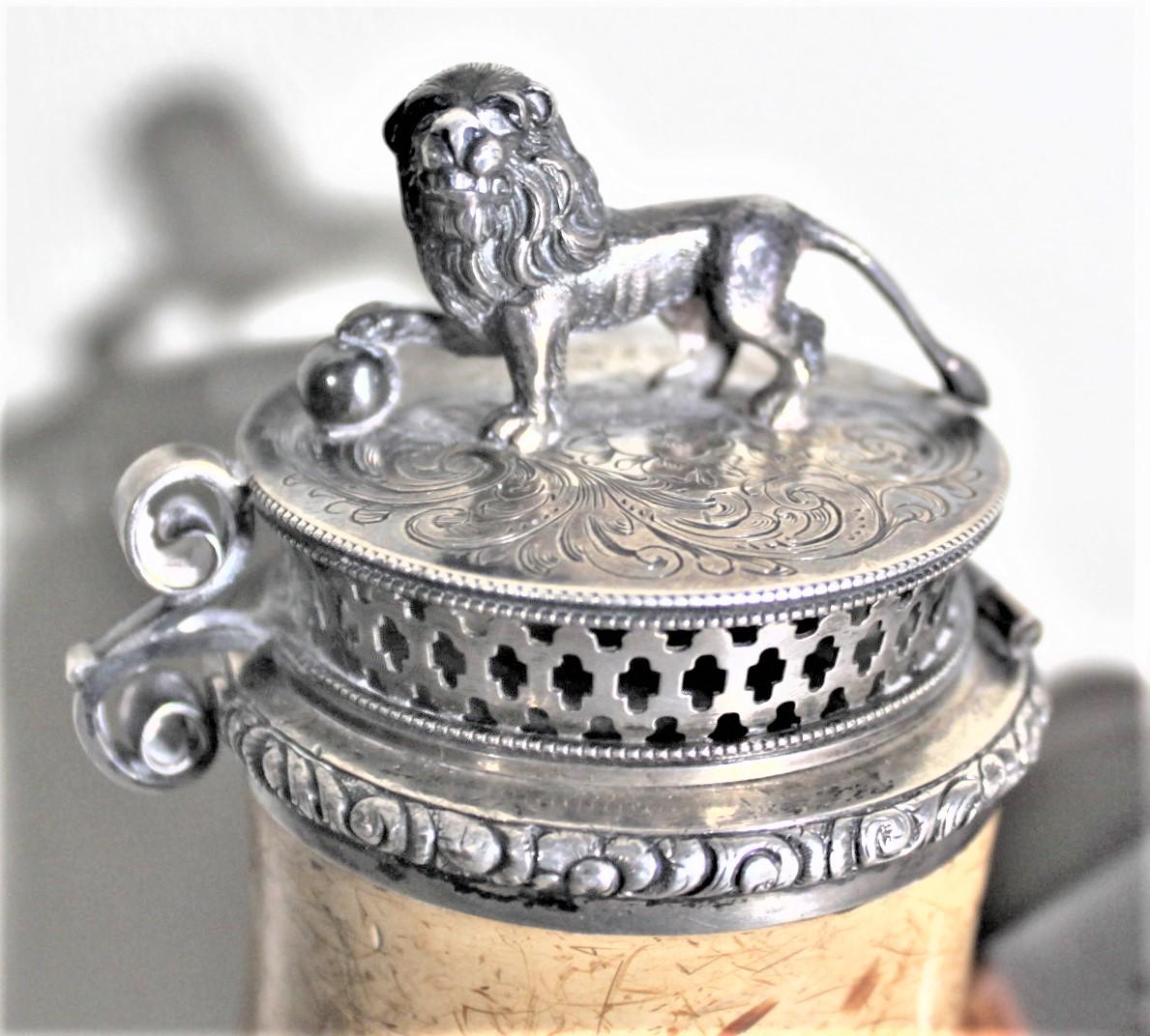 20th Century Antique Meerschaum Smoking Pipe with Silver Figural Standing Lion Top & Mounts For Sale