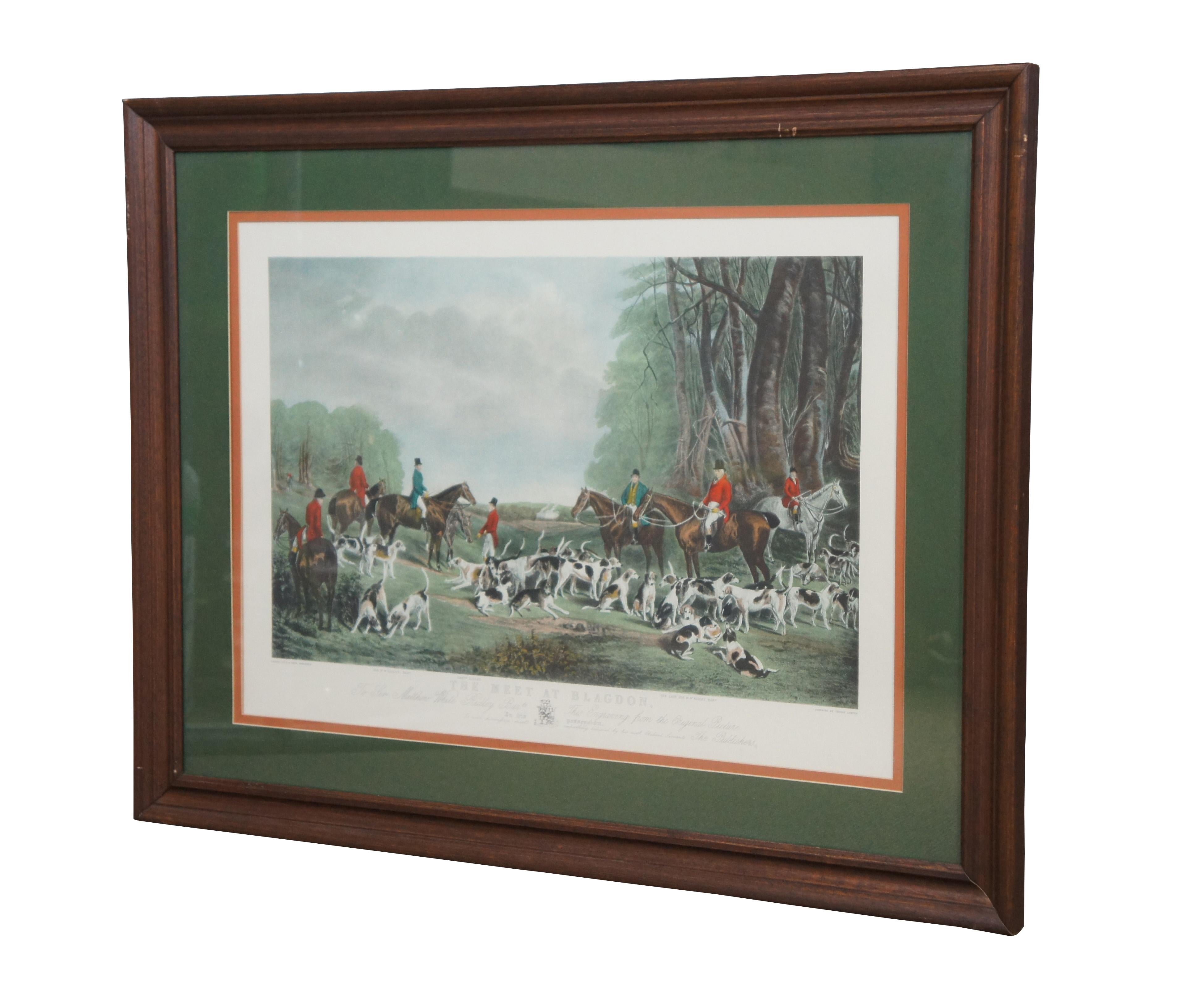 Antique 19th century hand colored engraving titled The Meet at Blagdon, original painted by J.W. Snow, engraved by Thomas Lurton. Features an English equestrian landscape fox hunt scene with horses, hounds and hunters.

“John Wray Snow (1801 -