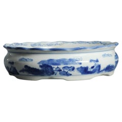 Antique Meiji 19th C Japanese Bonsai Planter Blue and White Japan Landscape