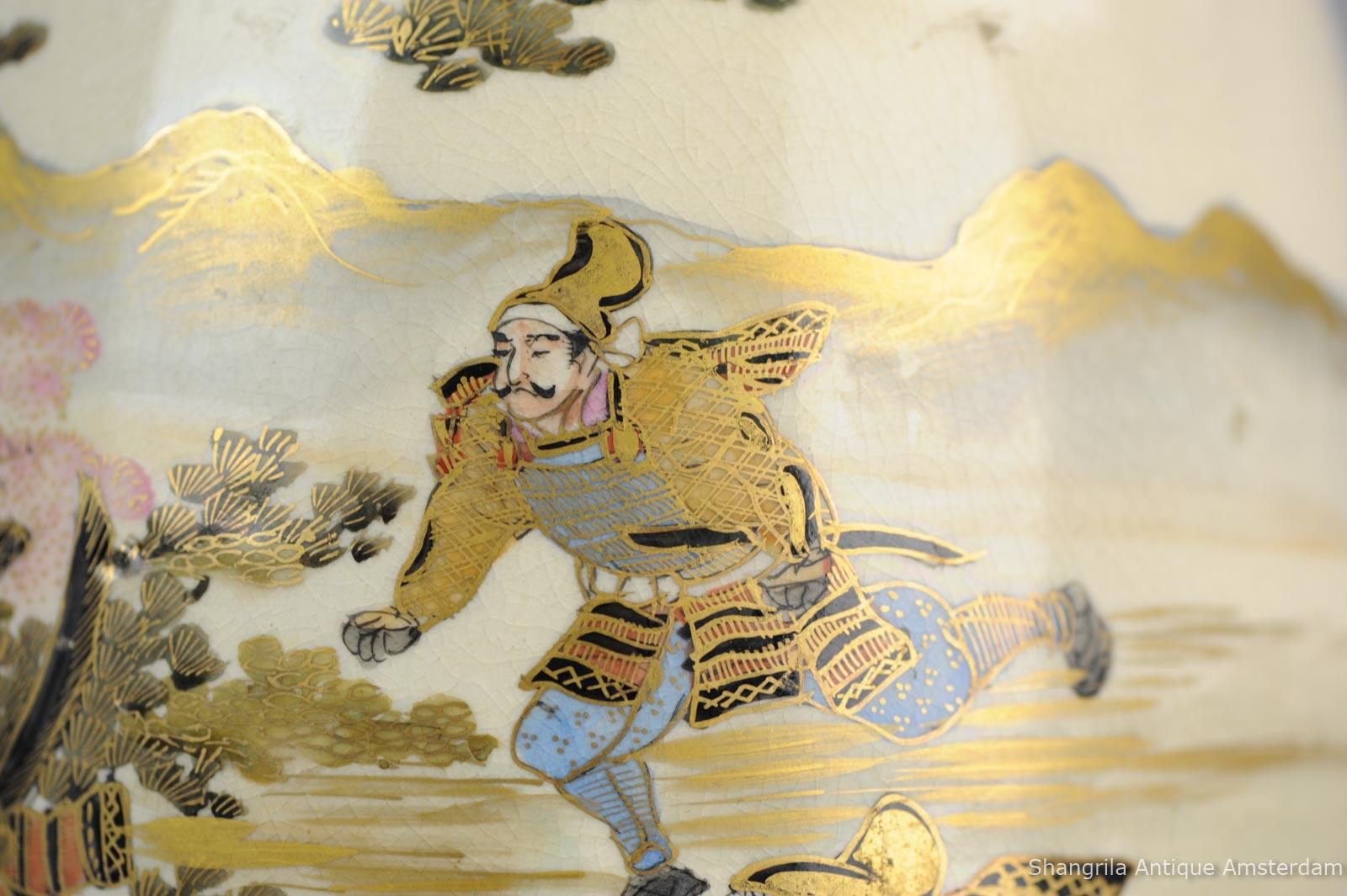 Antique Meiji 19th Century Japanese Satsuma Vase Warriors Figures Marked Base 5