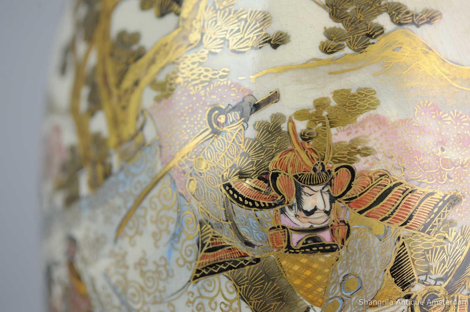Antique Meiji 19th Century Japanese Satsuma Vase Warriors Figures Marked Base 6