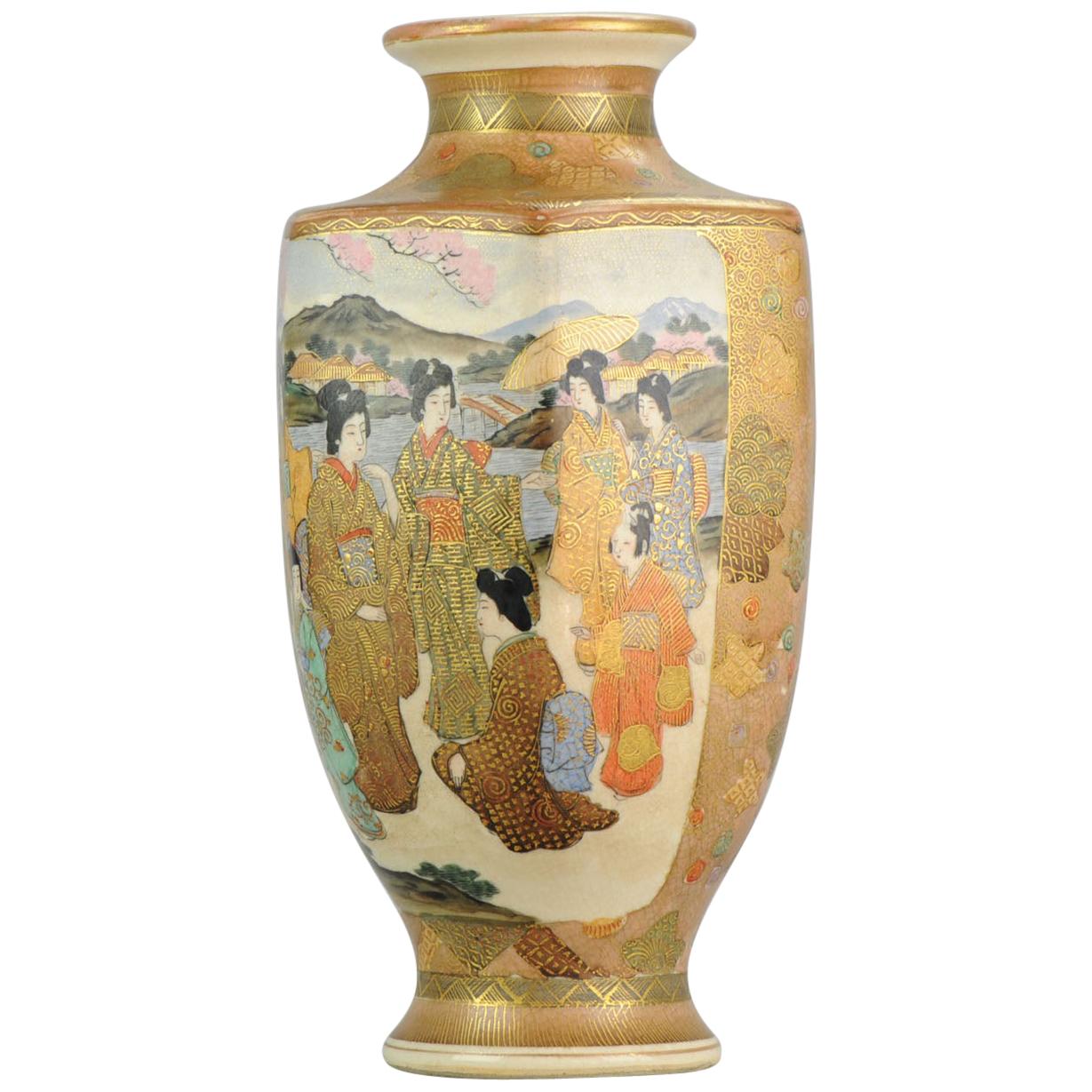 Antique Meiji 19th Century Japanese Satsuma Vase Warriors Figures Marked Base